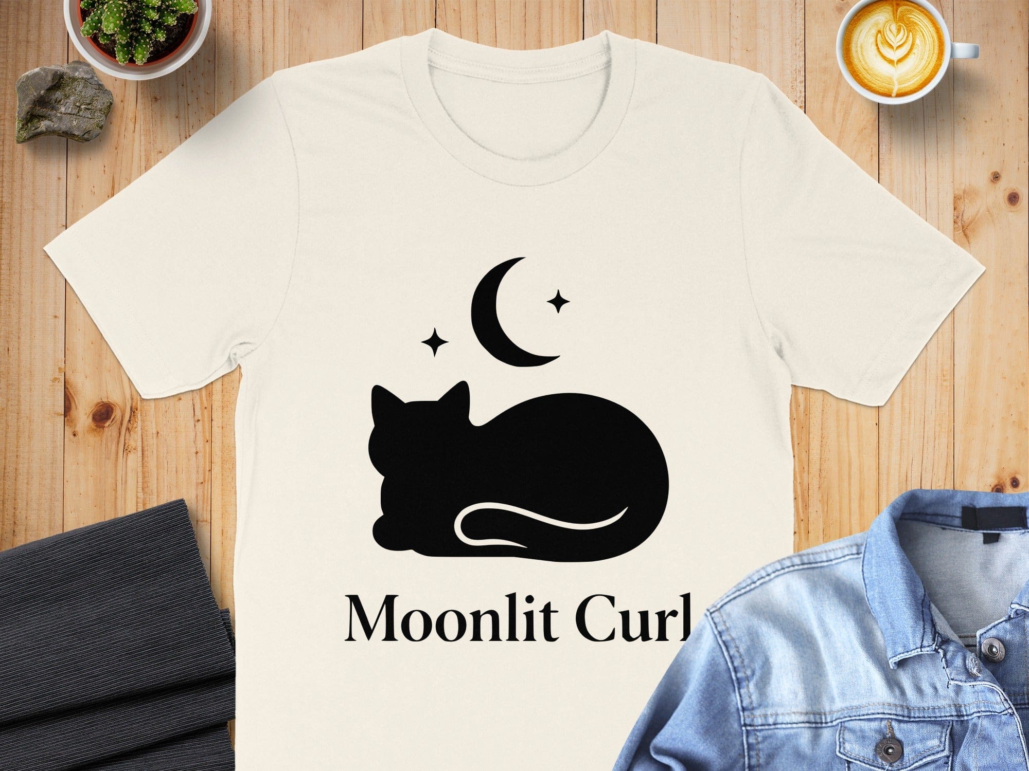 Moonlit Curl Cat Design on White T-shirt