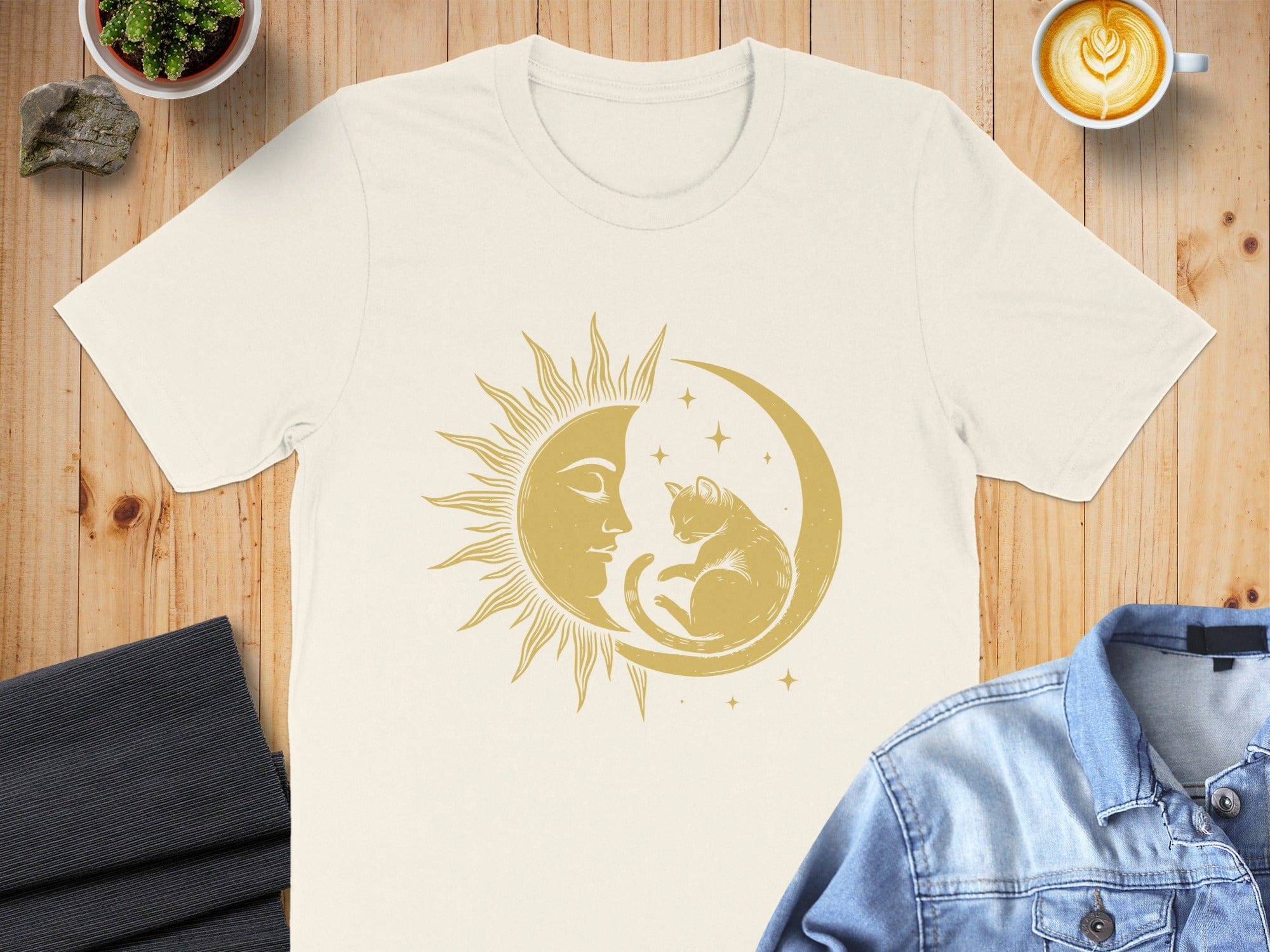 Sun and Moon with Cat Illustration T-Shirt