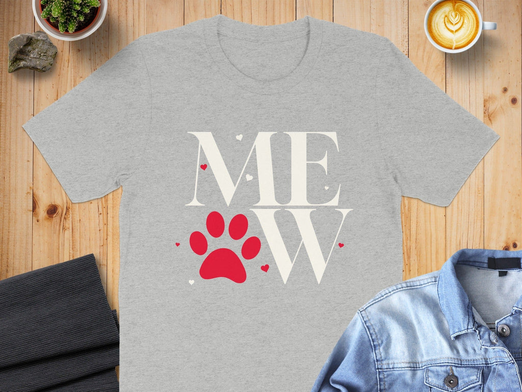 Cute Mew T-shirt with Red Paw and Heart Design