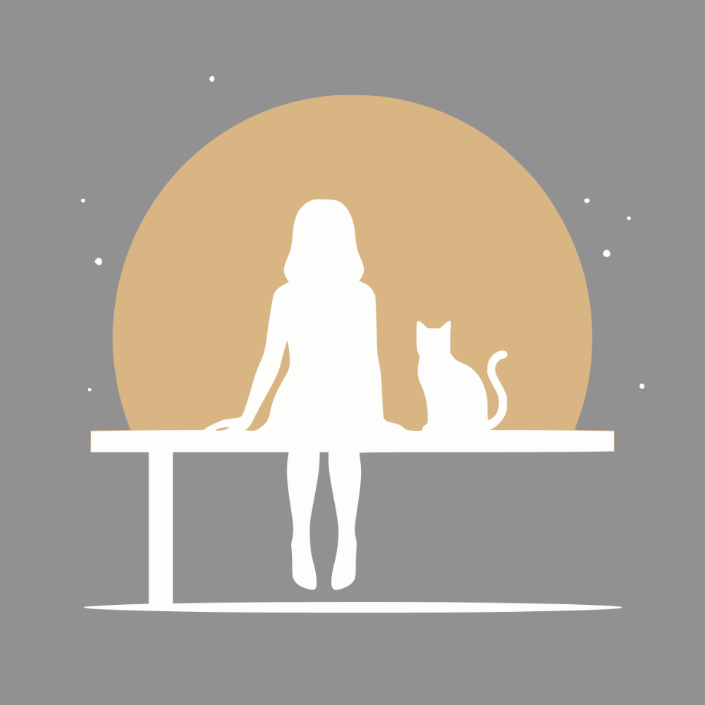 Woman Sitting on Bench with Cat Silhouette Artwork
