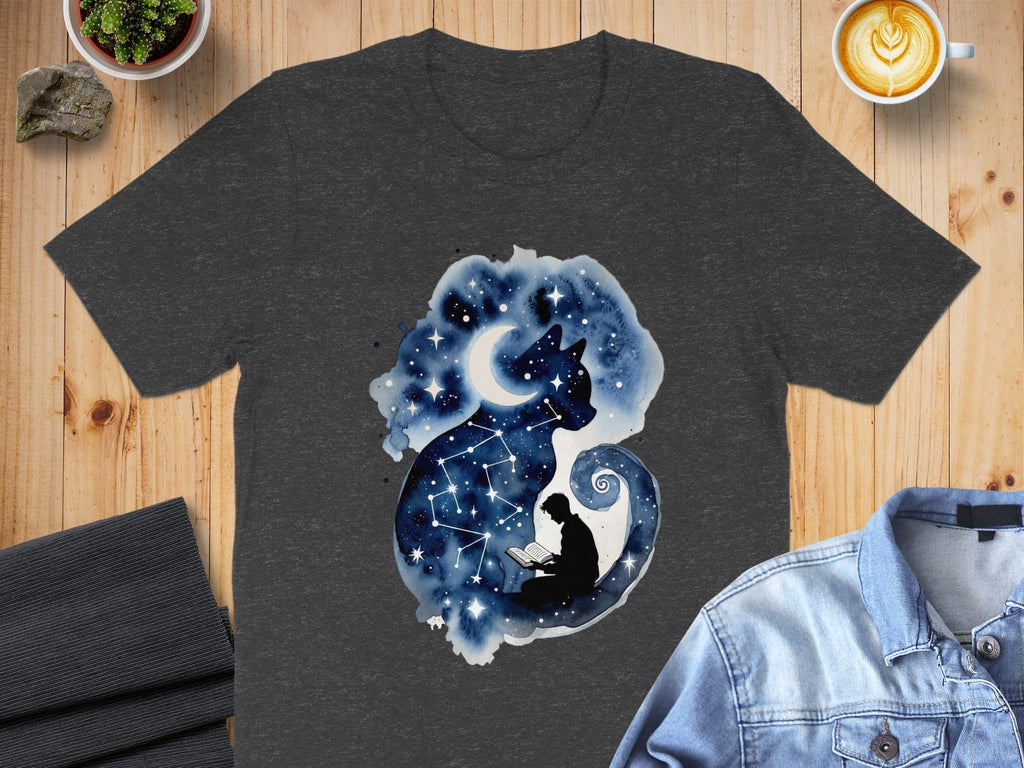 Man with Book and Cat Galaxy Design Shirt