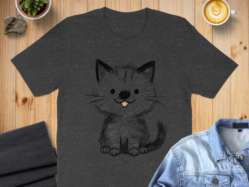 Cute Black Kitten Drawing on Dark Grey T-shirt
