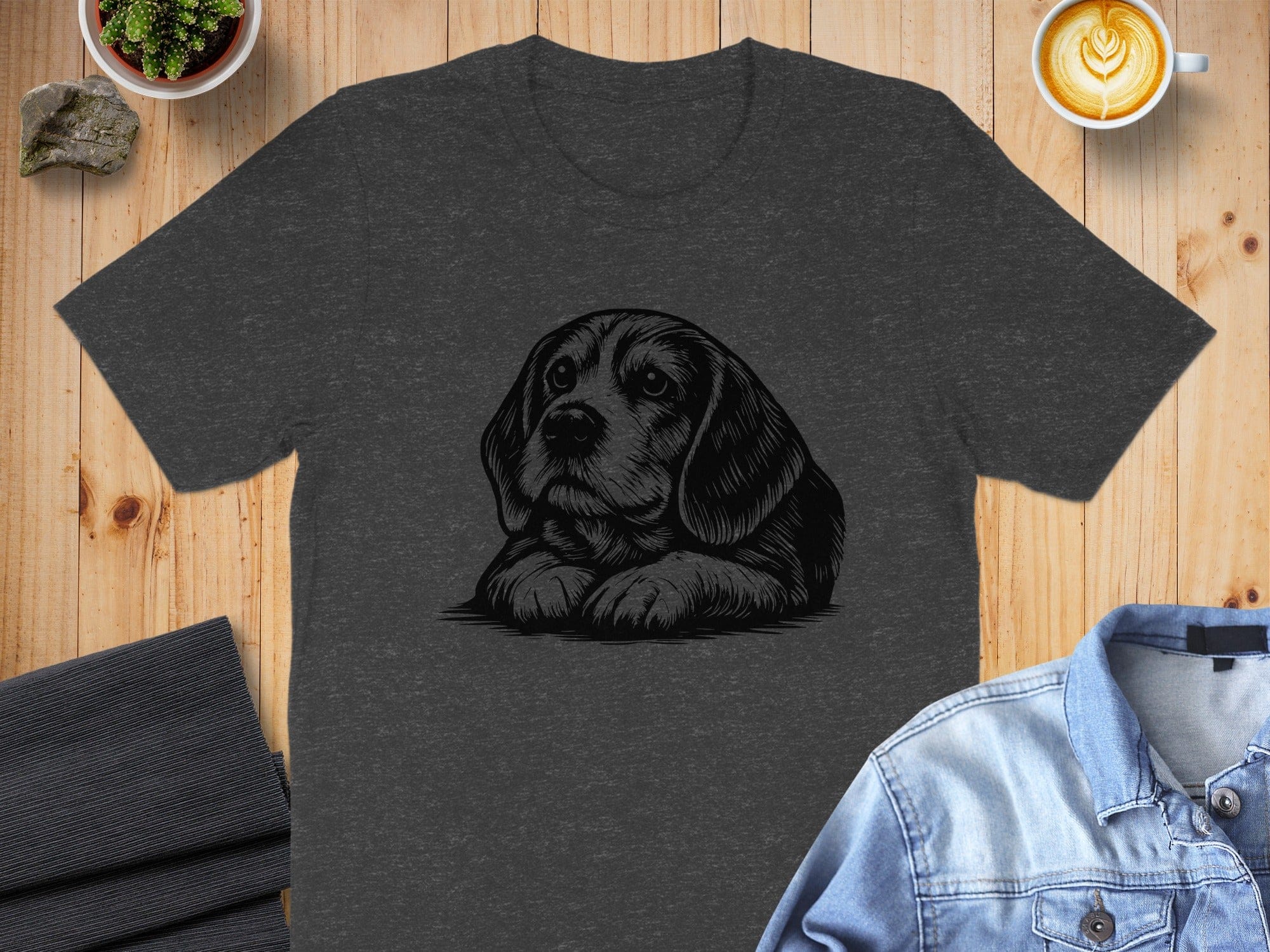 Adorable Puppy Drawing on Dark Grey T-shirt