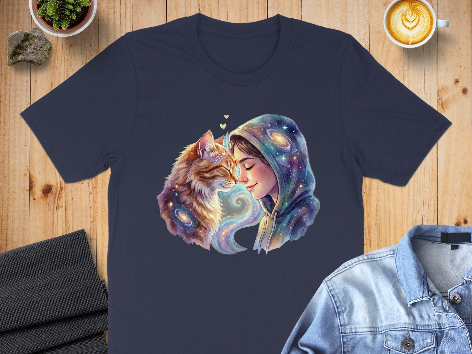 Cosmic Cat and Woman Colorful Galaxy Art T-shirt Product
