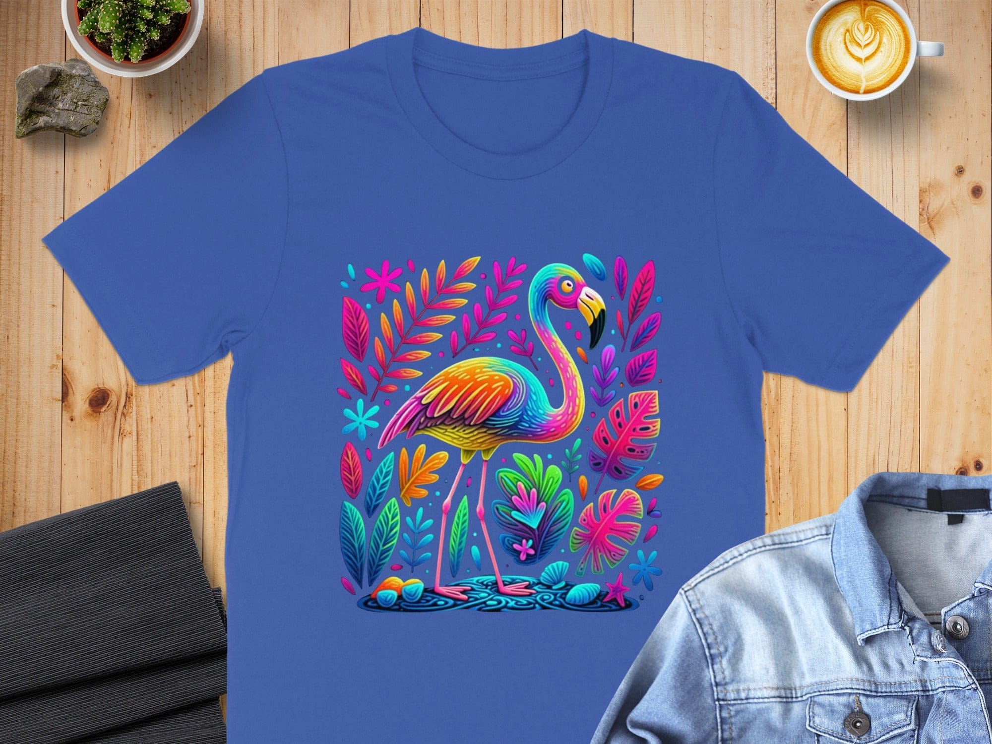 Colorful Flamingo and Floral Pattern T-Shirt
