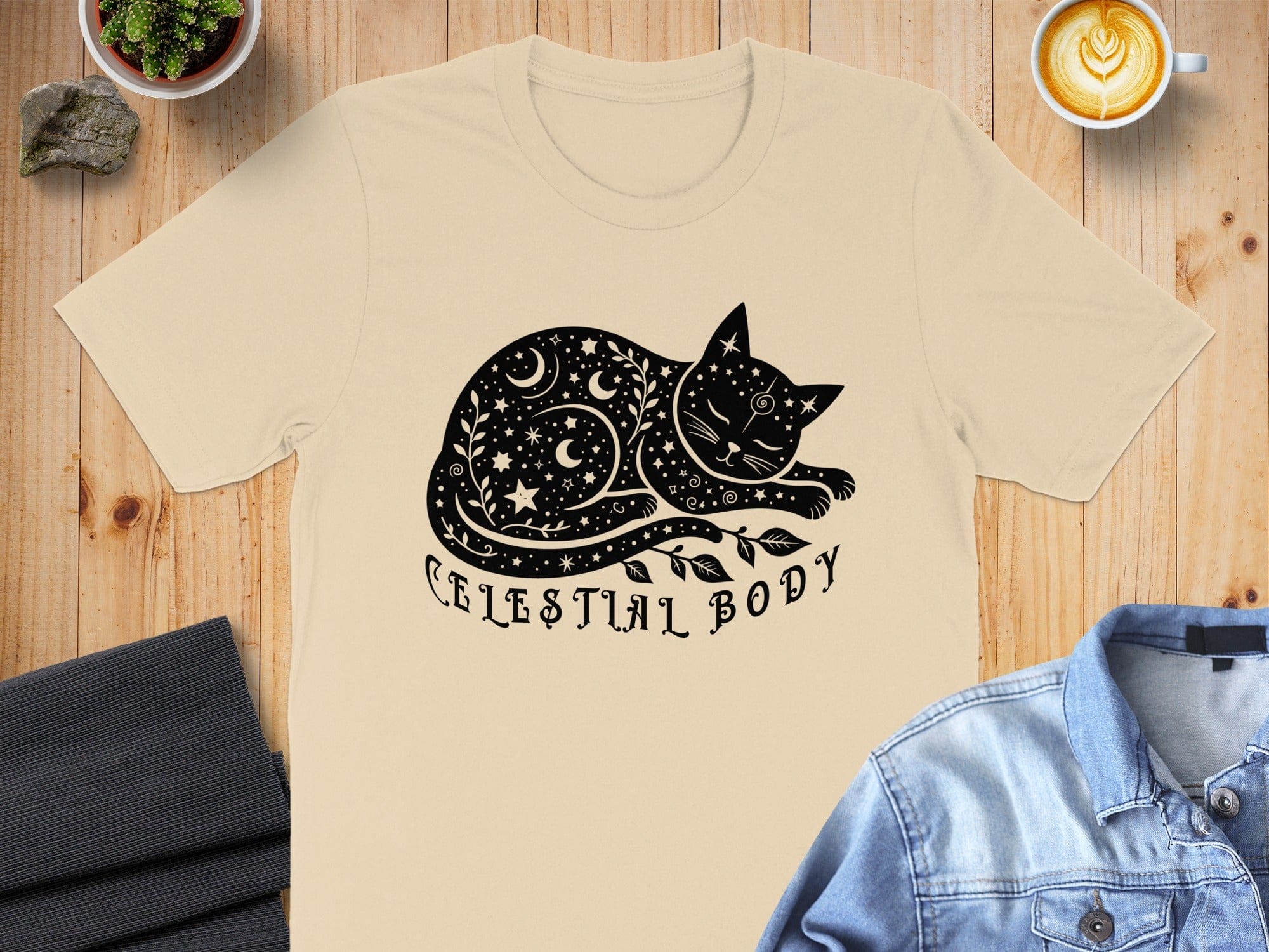 Celestial Body Cat Design Graphic Tee Shirt