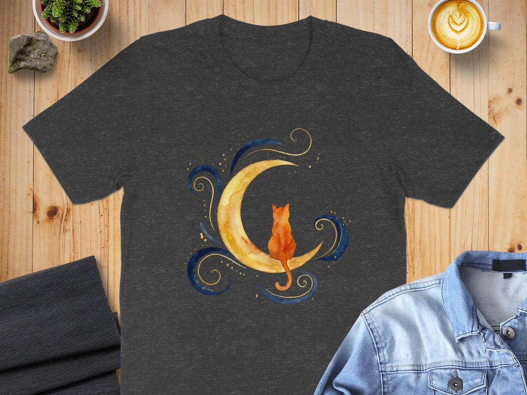 Orange Cat Sitting on Crescent Moon Design T-shirt