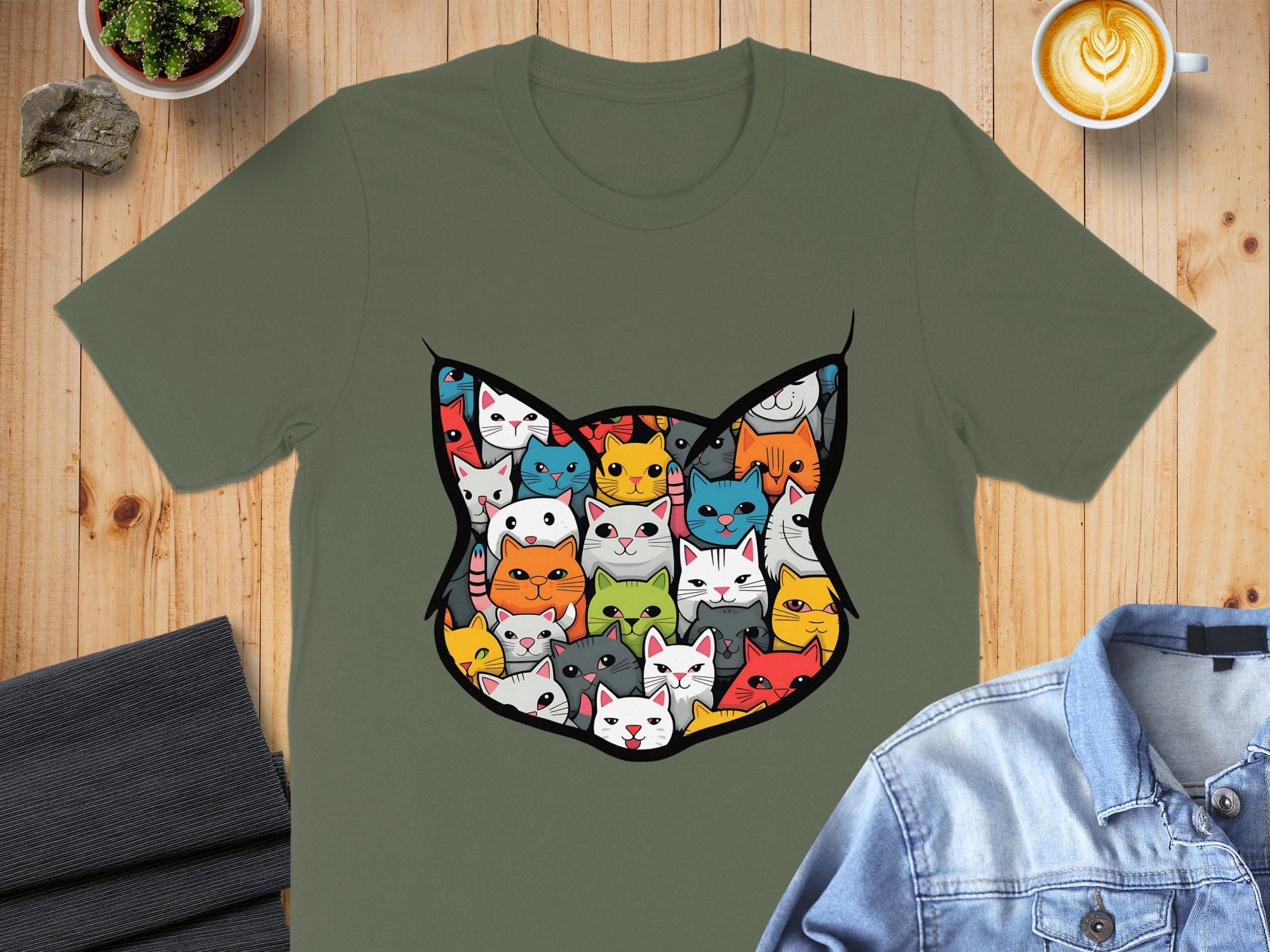 Cute Colorful Cartoon Cat Faces Art T-shirt