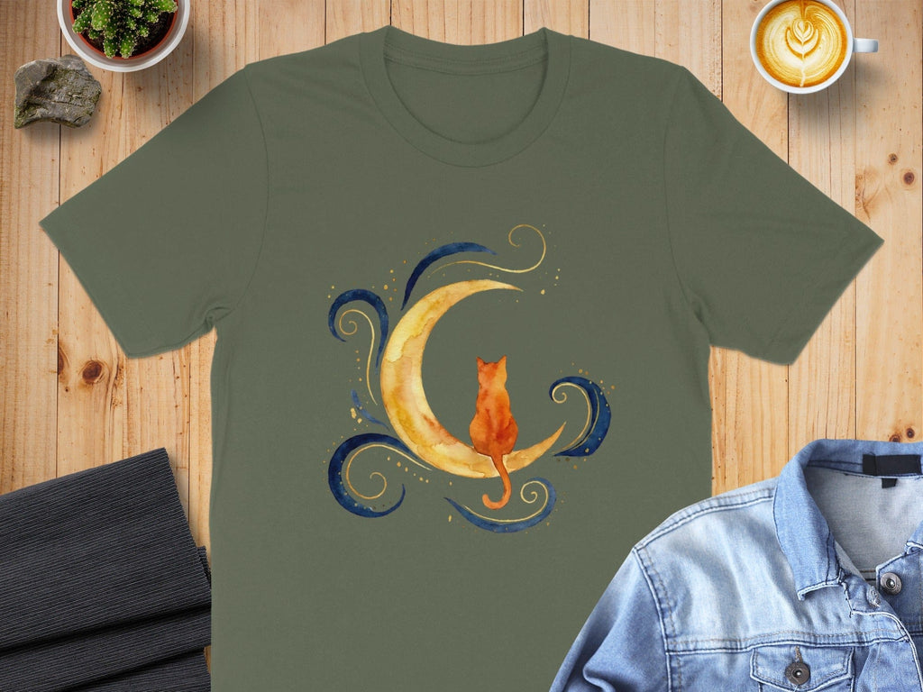 Artistic Cat Sitting on Crescent Moon T-shirt
