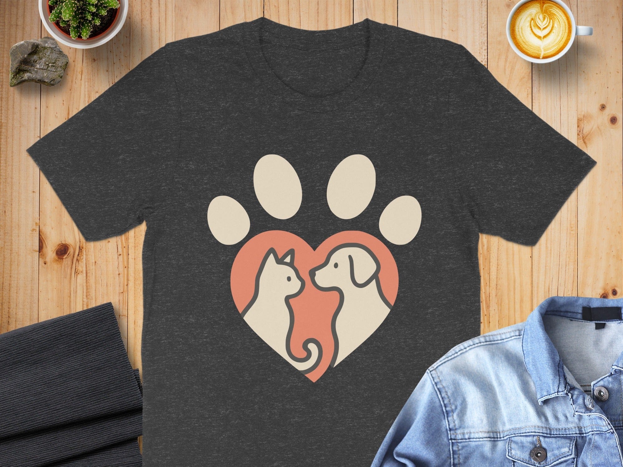 Stylized Heart Paw Print With Cat And Dog T-Shirt
