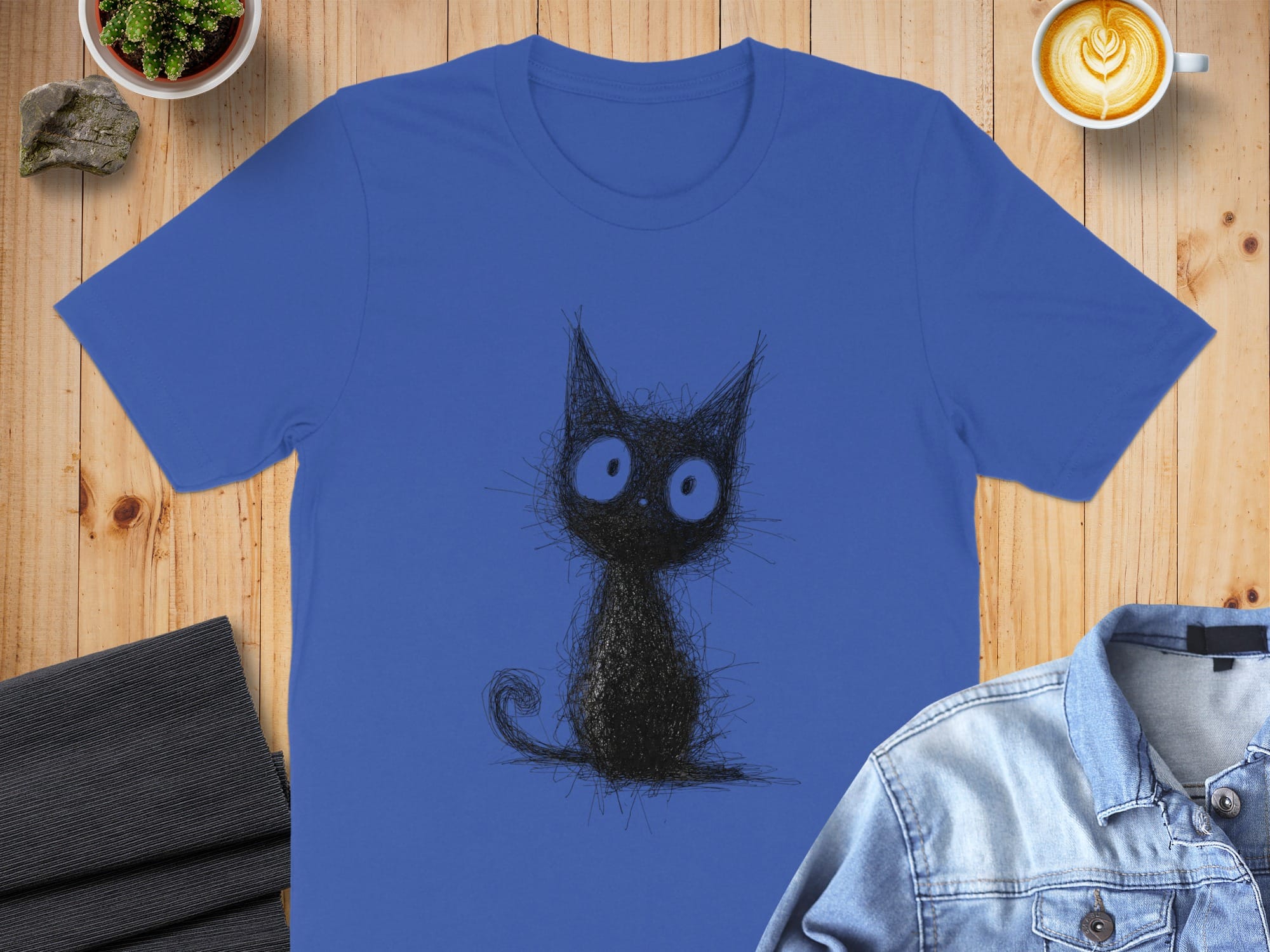 Abstract Black Cat with Big Eyes Blue T-Shirt Product