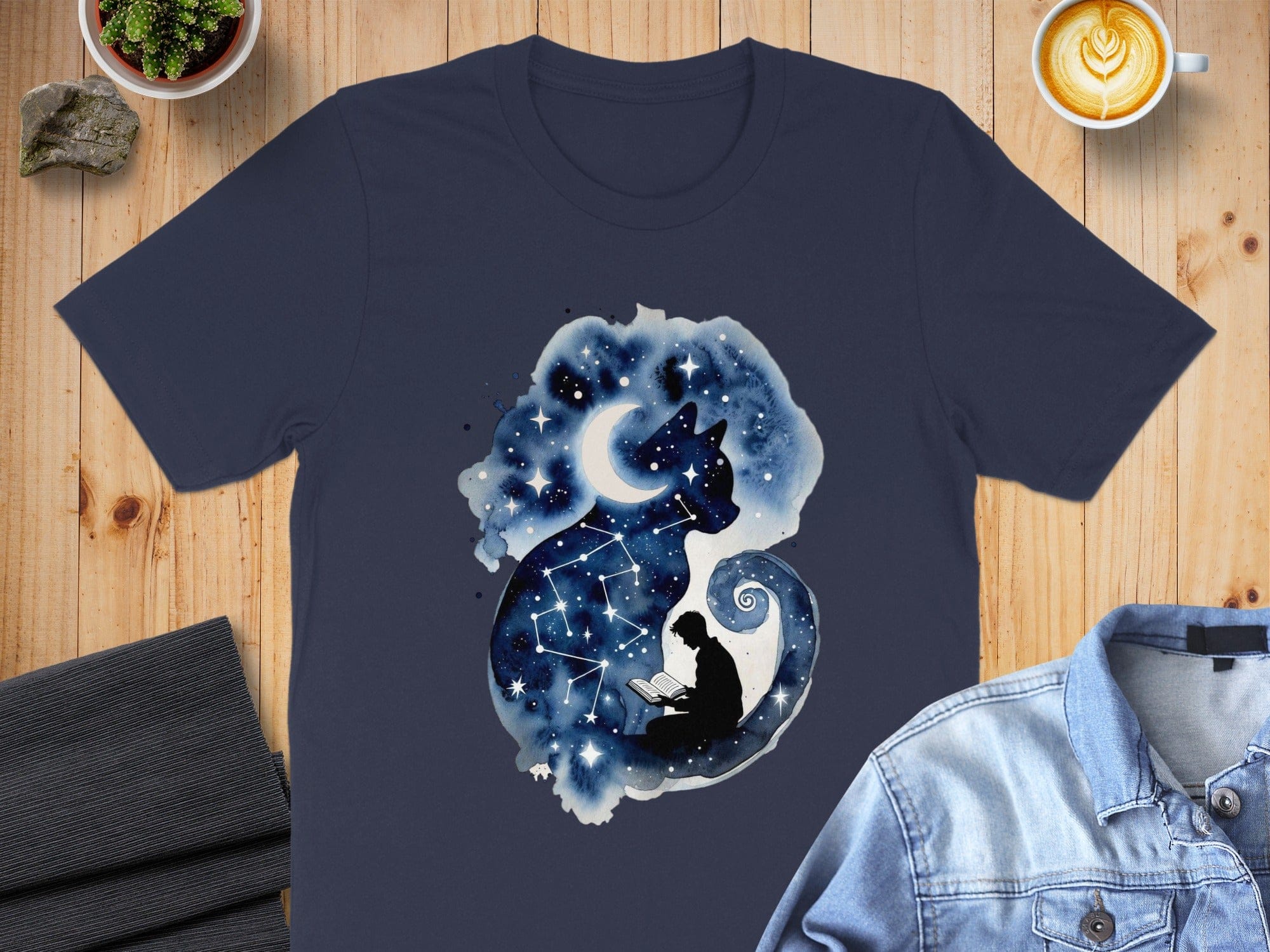 Cosmic Cat and Reader Graphic Short Sleeve Shirt