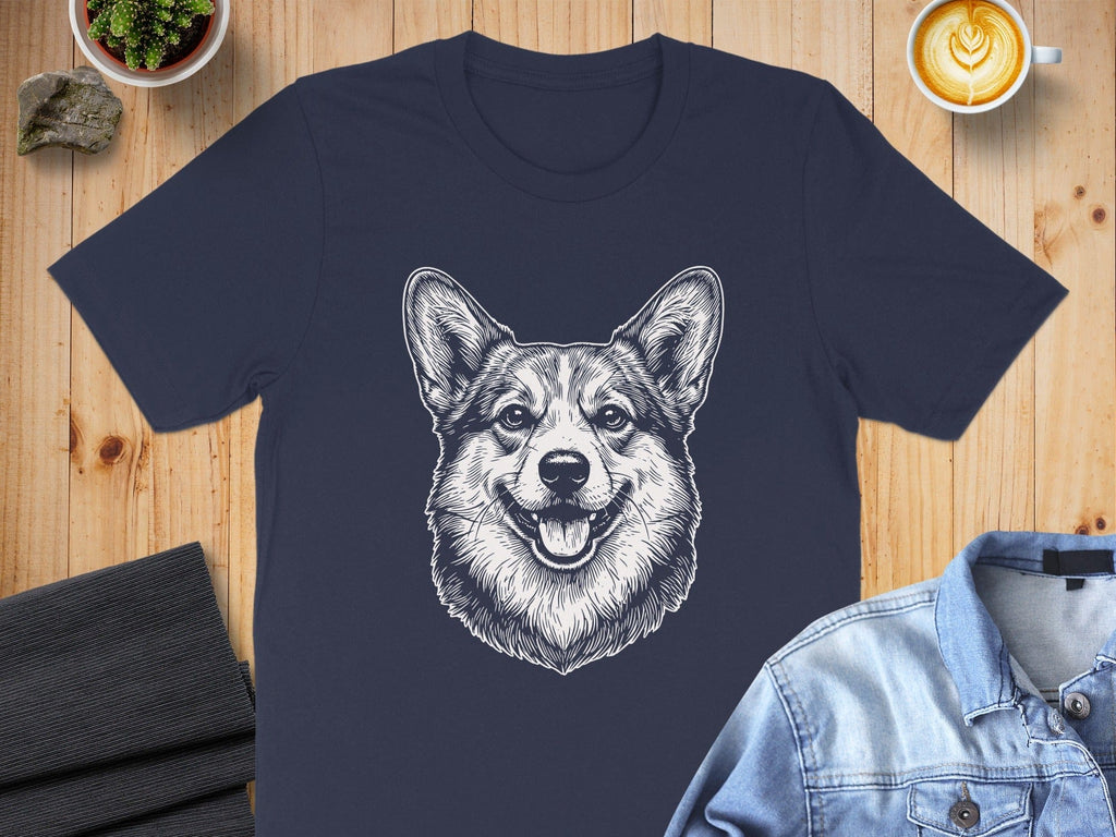 Detailed Corgi Face Print on Navy Blue T-Shirt Product