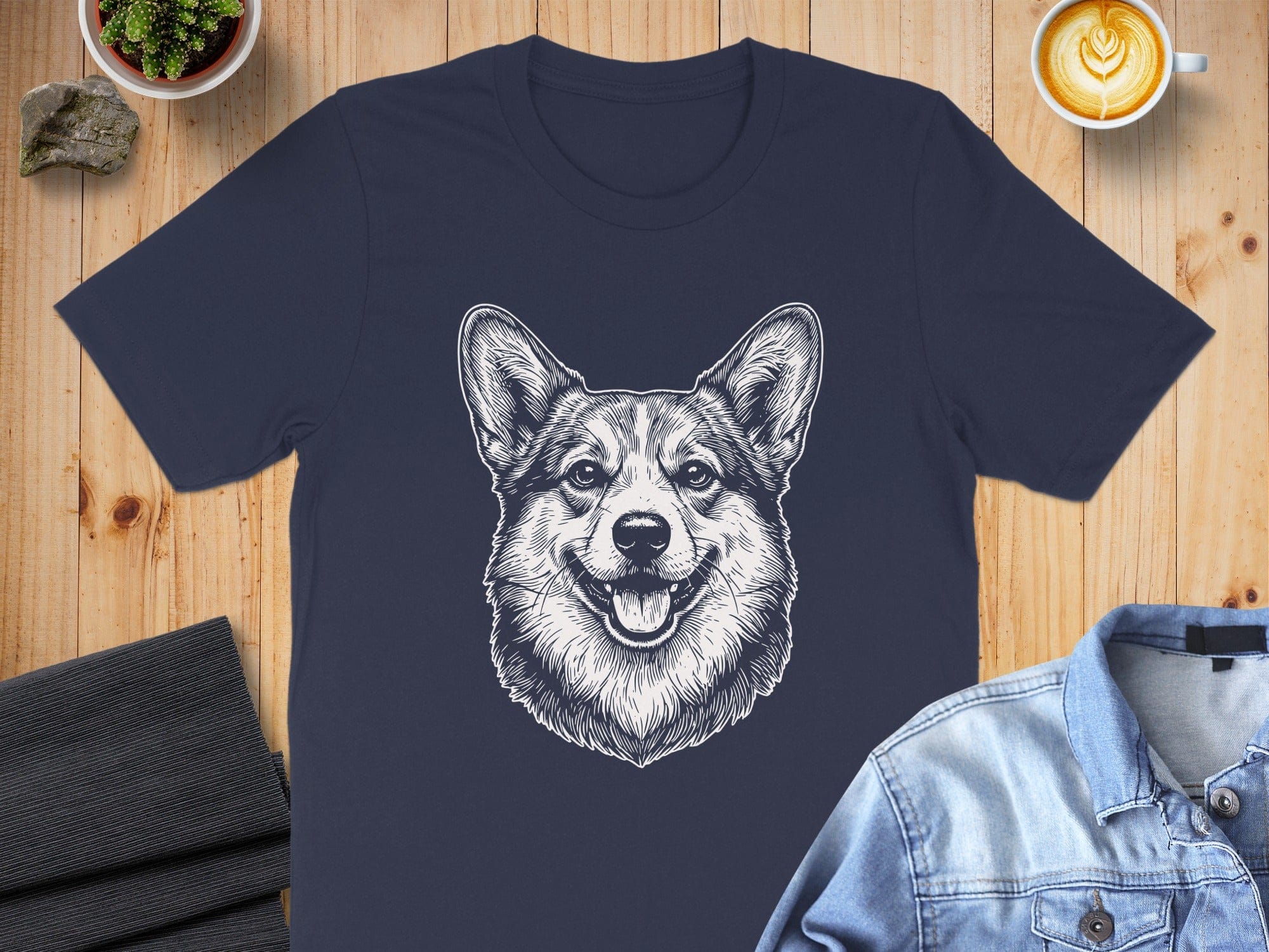 Detailed Corgi Face Print on Navy Blue T-Shirt Product