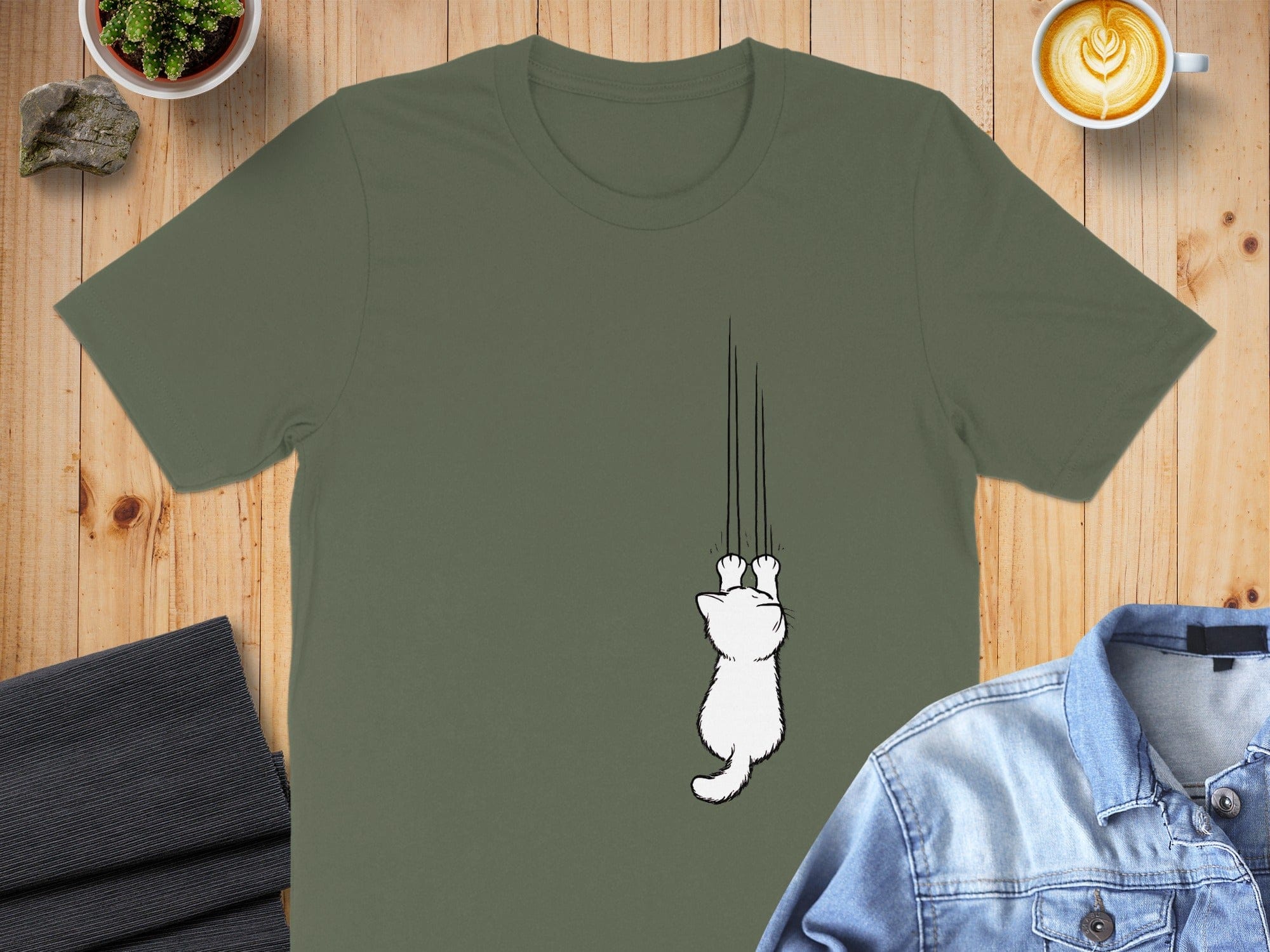 Cute Cat Climbing Design on Olive Green T-Shirt
