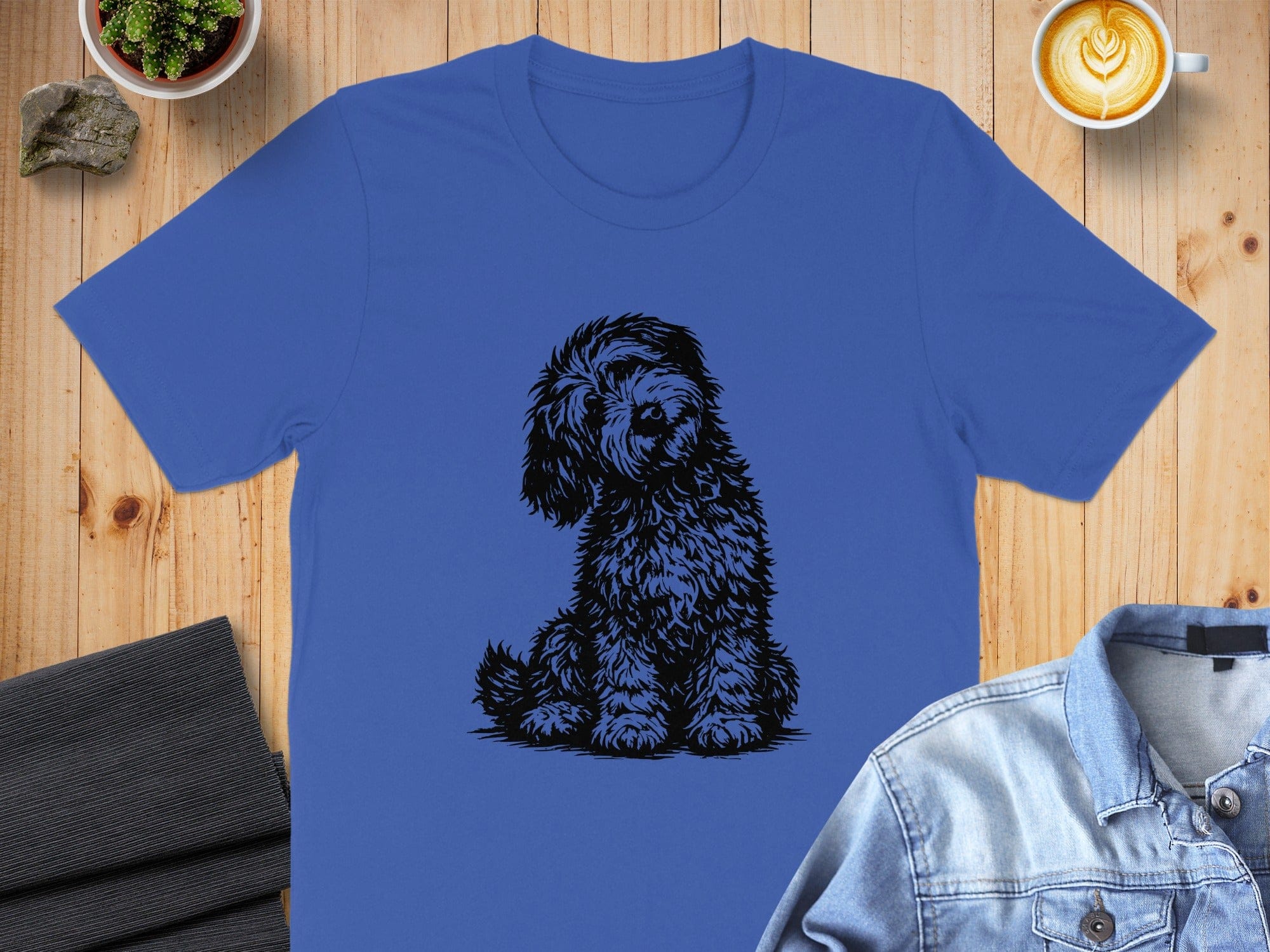 Adorable Fluffy Dog Design on Blue T-Shirt