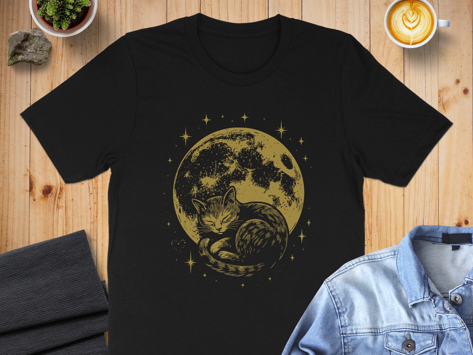 Cat Sleeping Moon Illustration T-Shirt