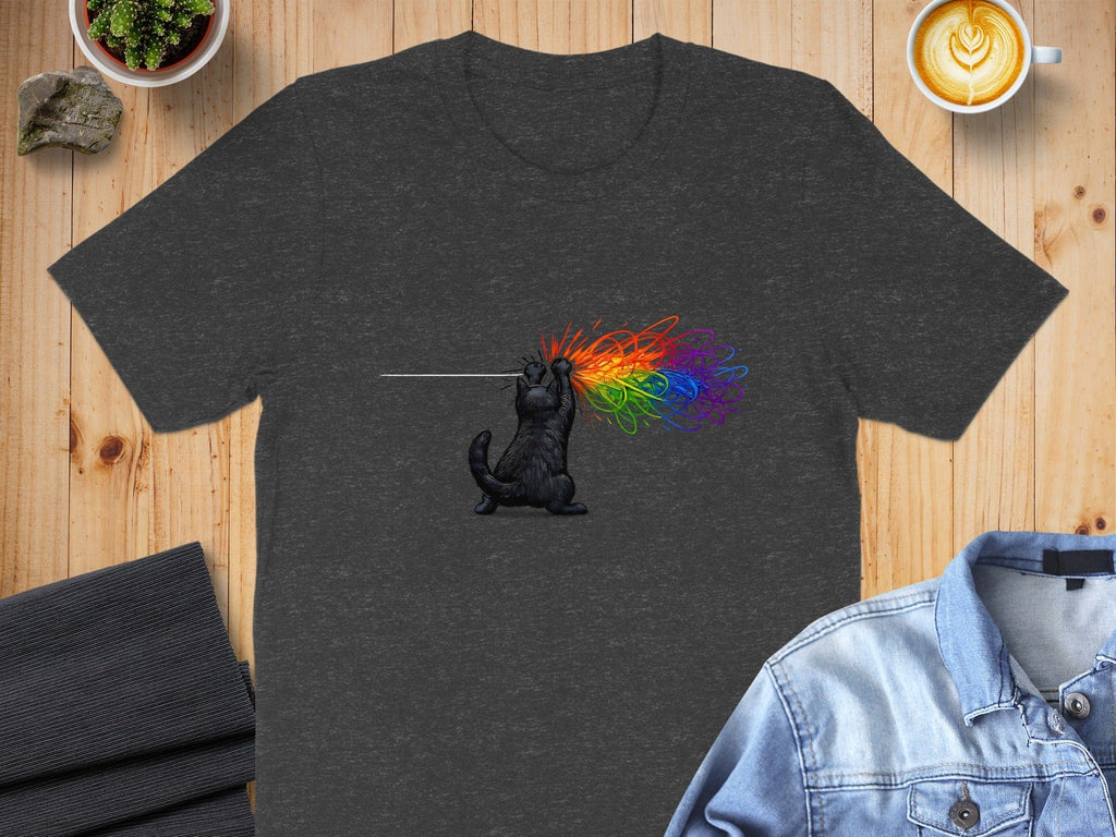 Rainbow-Shooting Cat Graphic T-Shirt for Casual Wear