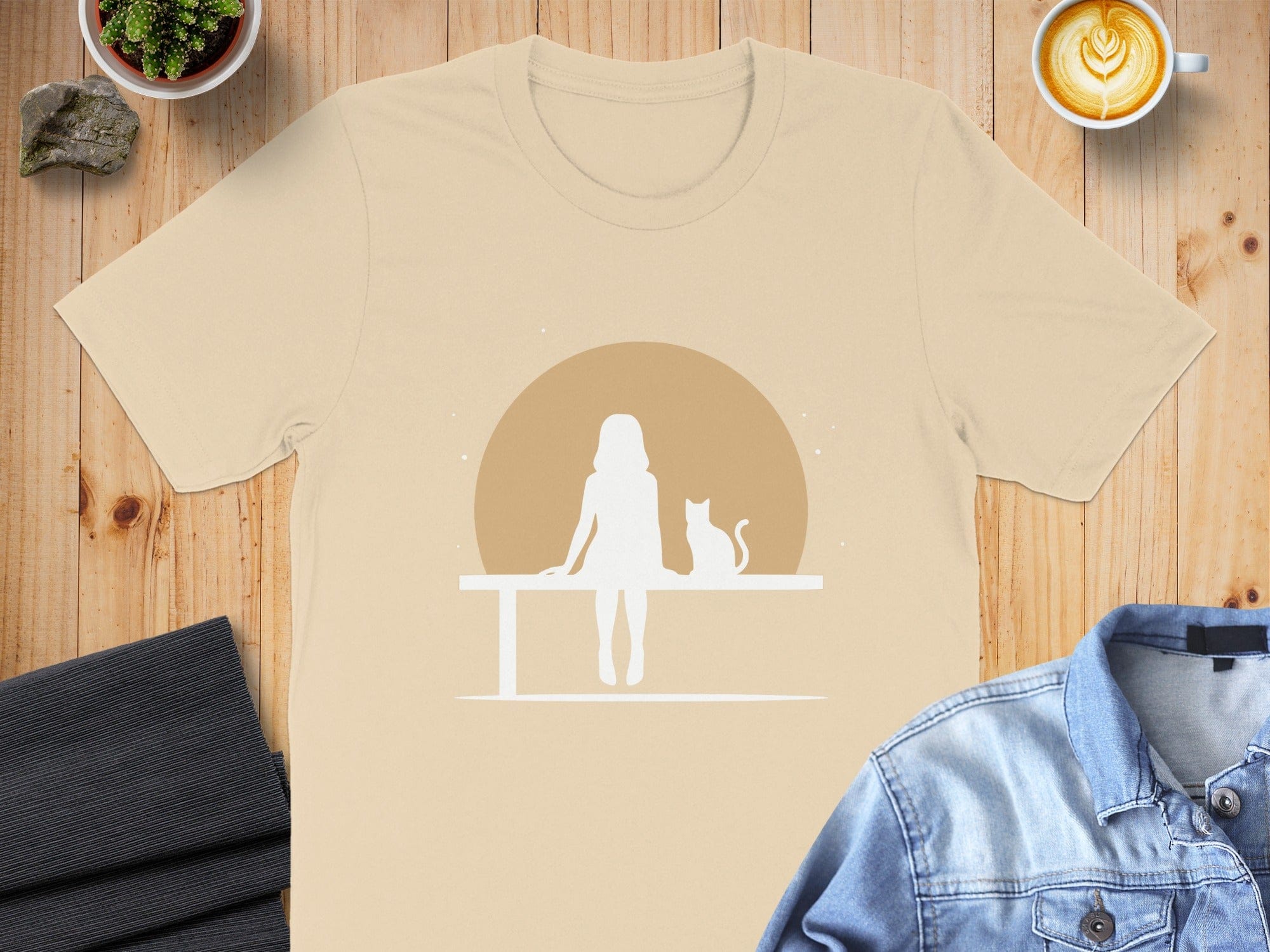 Silhouette of Woman with Cat Sunset Graphic T-Shirt