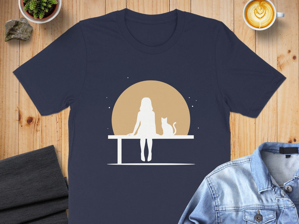 Woman Sitting with Cat Under Moon Scenic T-Shirt