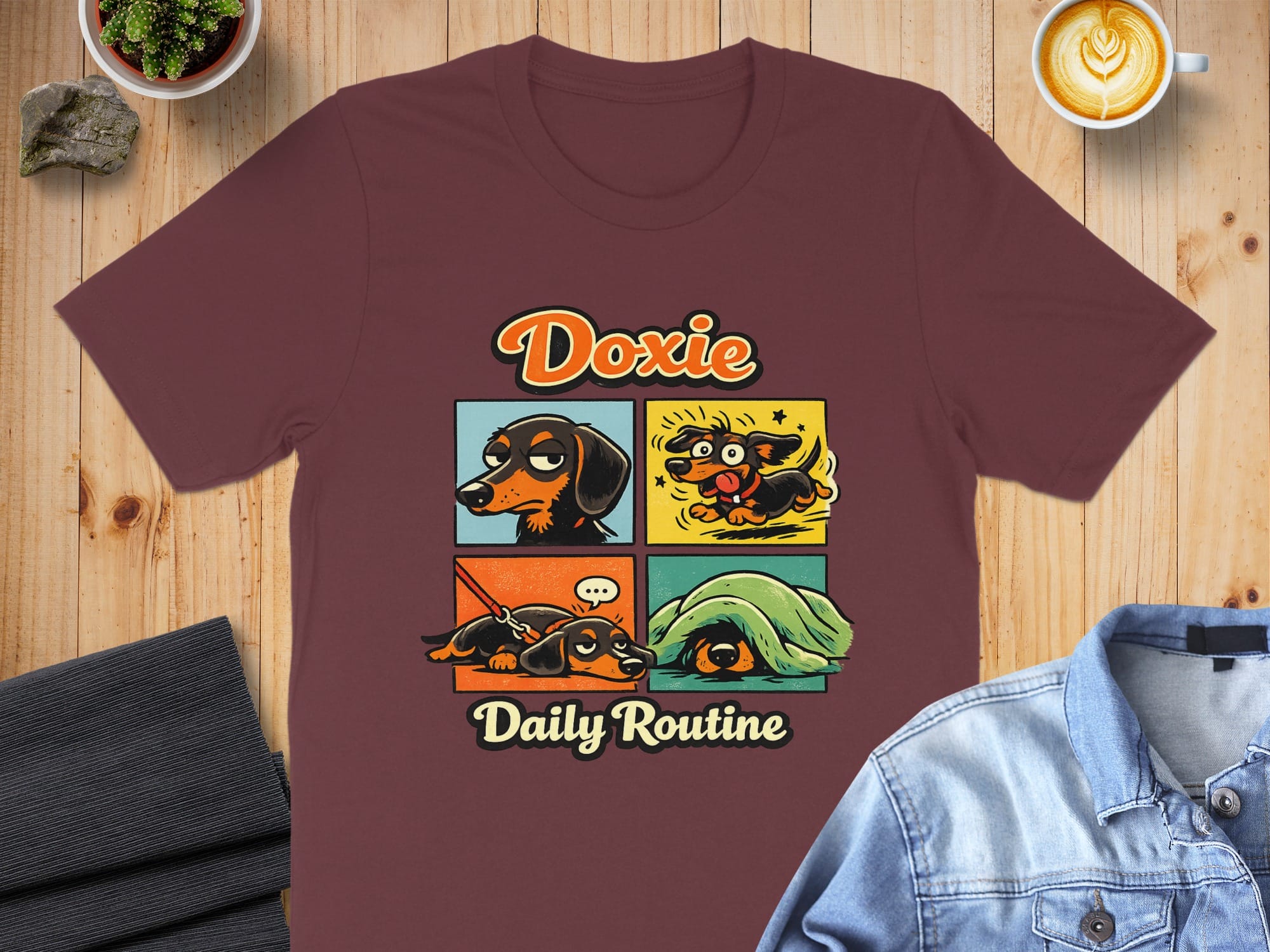 Doxie Daily Routine Cute Dog Cartoon Graphic T-shirt