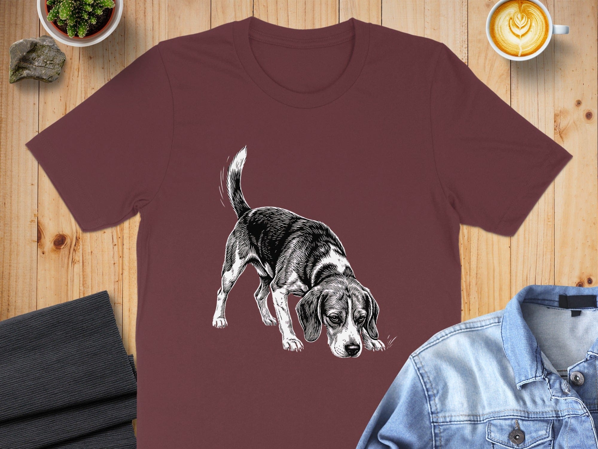 Beagle Sniffing Graphic Design on Maroon T-Shirt