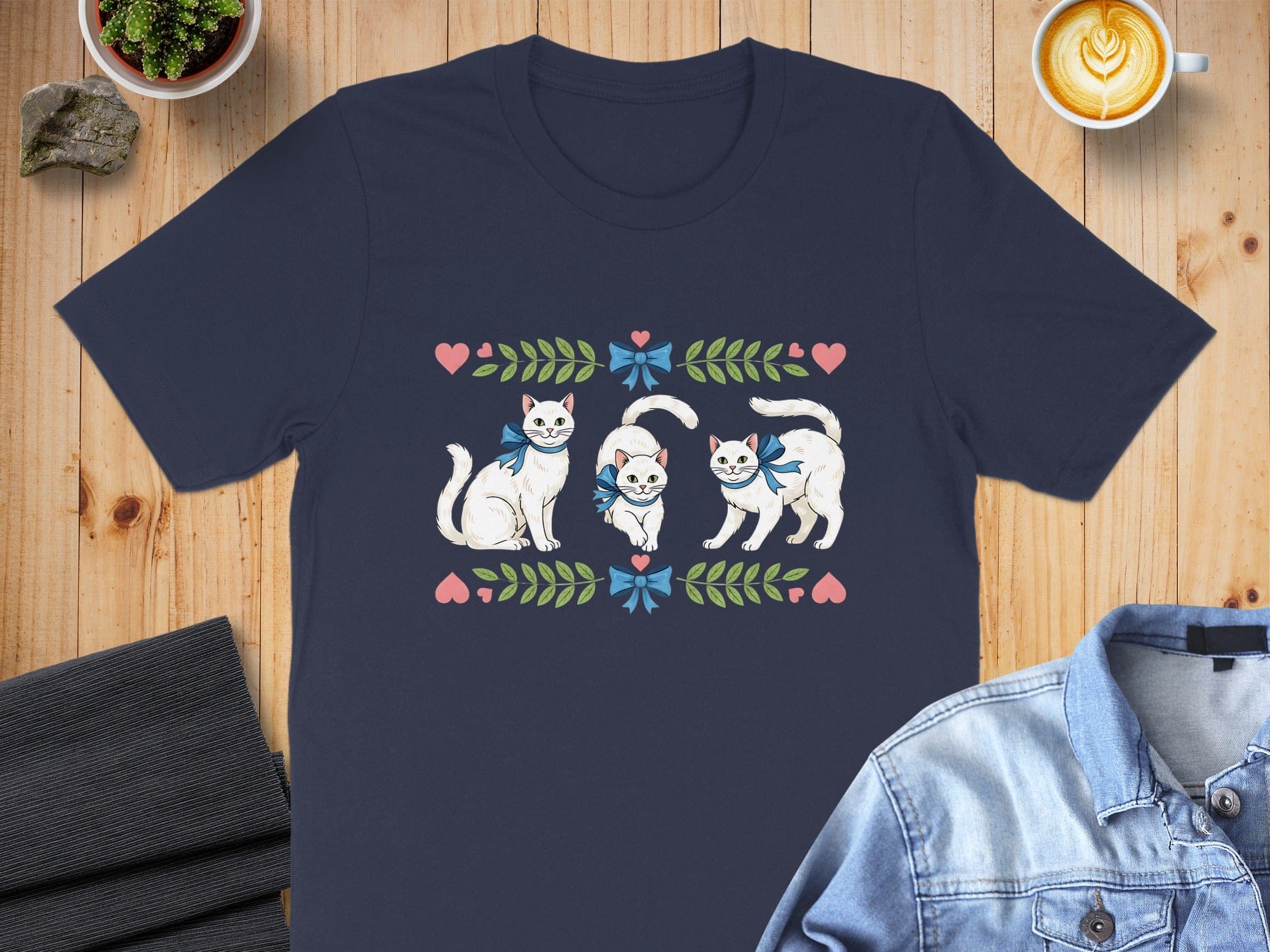 Adorable White Cats with Hearts and Greenery T-Shirt