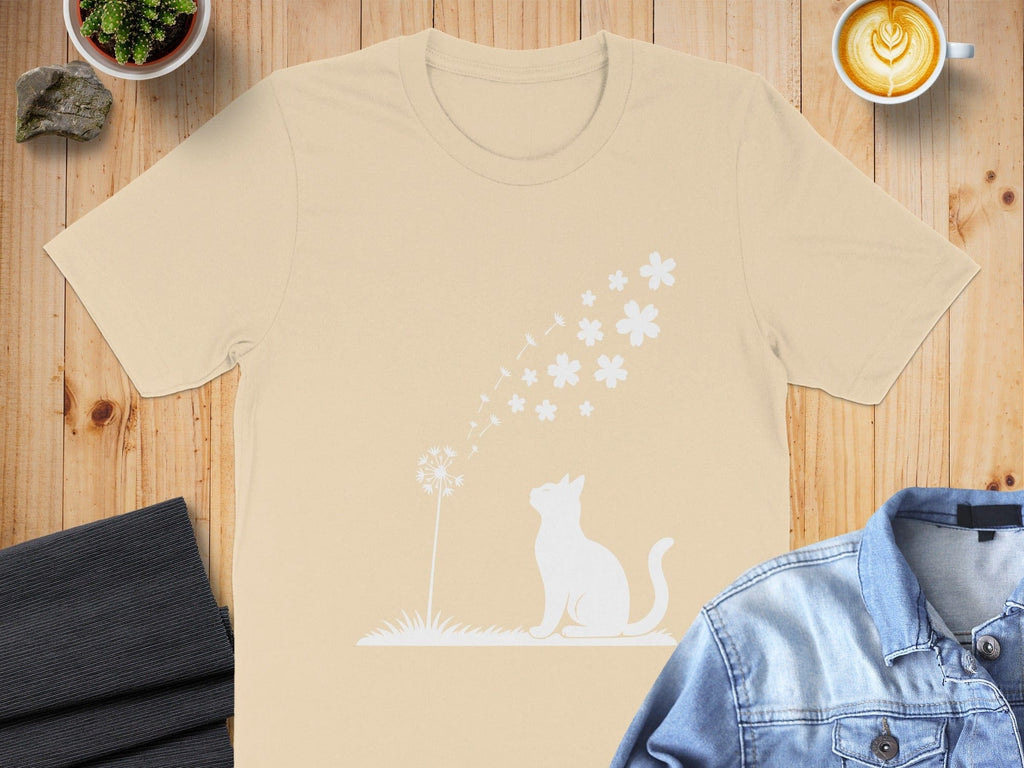 Cat Blowing Dandelion Flowers Graphic T-Shirt