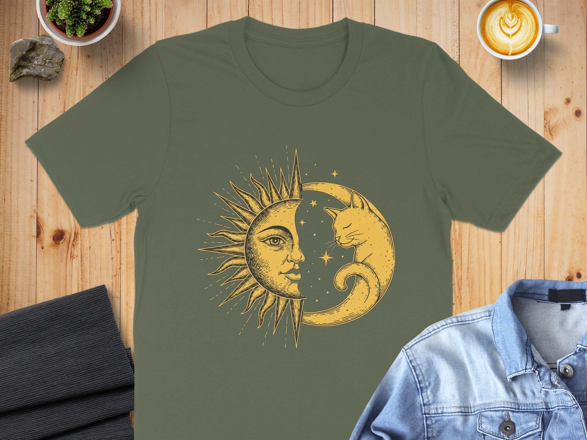 Celestial Sun Moon Design Cat Graphic T-Shirt