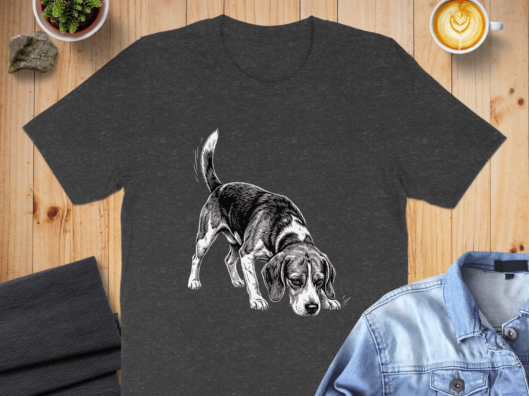 Curious Hound Dog Design on Dark Grey T-shirt Product