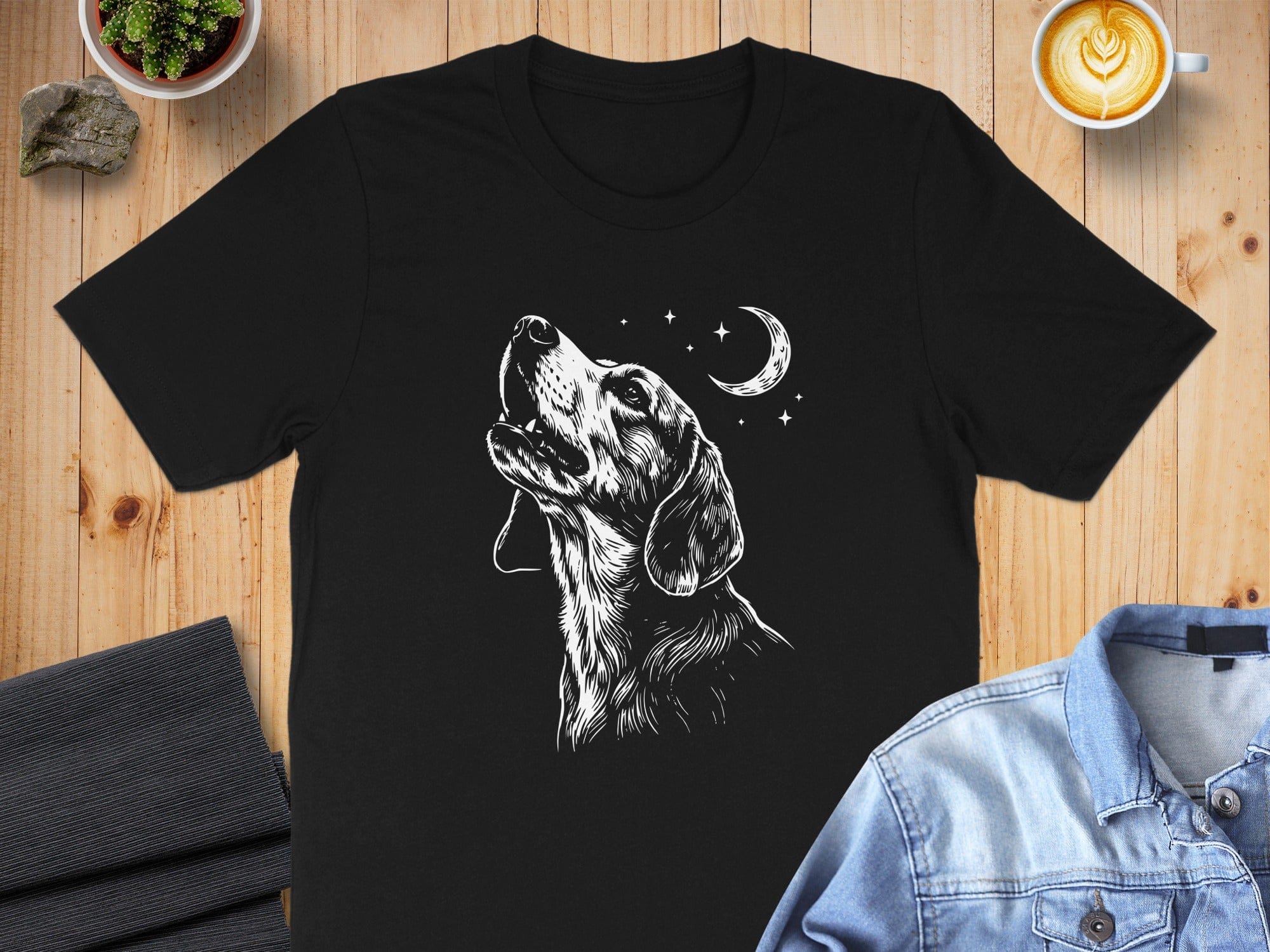 Dog Staring at Moon and Stars Graphic Tee Shirt
