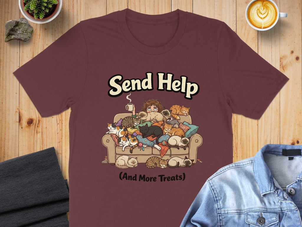 Send Help Cat Lover Graphic Tee Fun Pet Owner Shirt