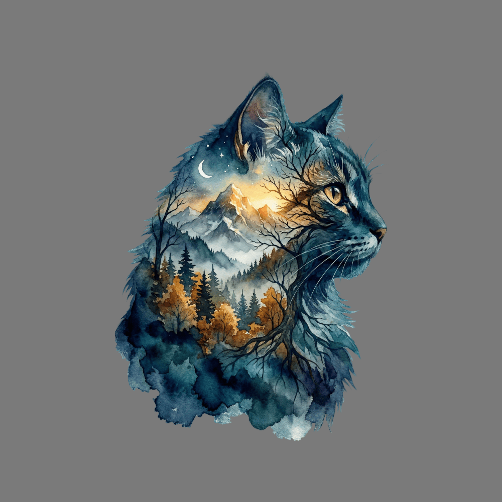 Majestic Cat with Mountain and Forest Art Print