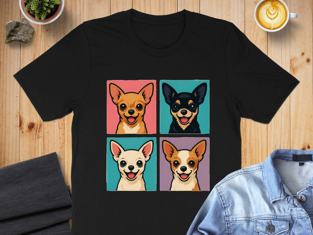 Colorful Four Dogs Cartoon Graphic Black T-shirt
