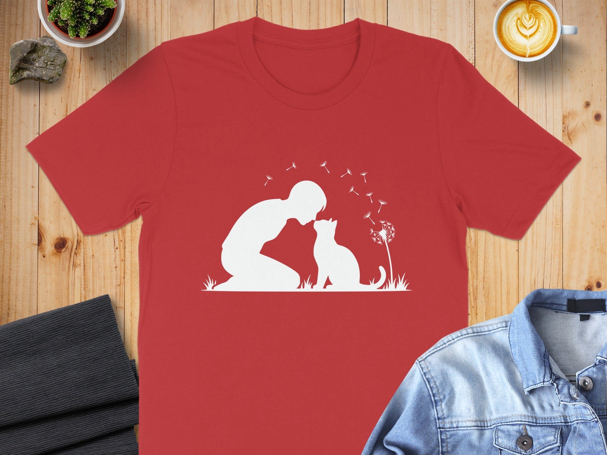 Person and Cat Silhouette with Dandelions T-Shirt