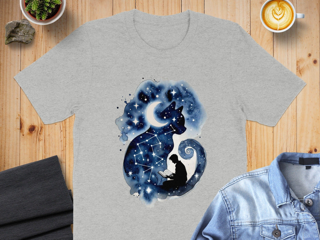 Night Sky Reading Cat Constellation T-Shirt Graphic Tee