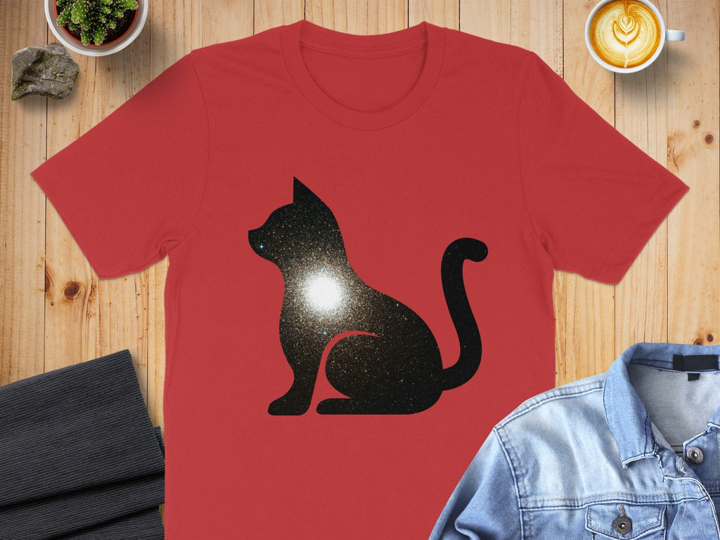Shiny Black Cat Silhouette on Red T-shirt
