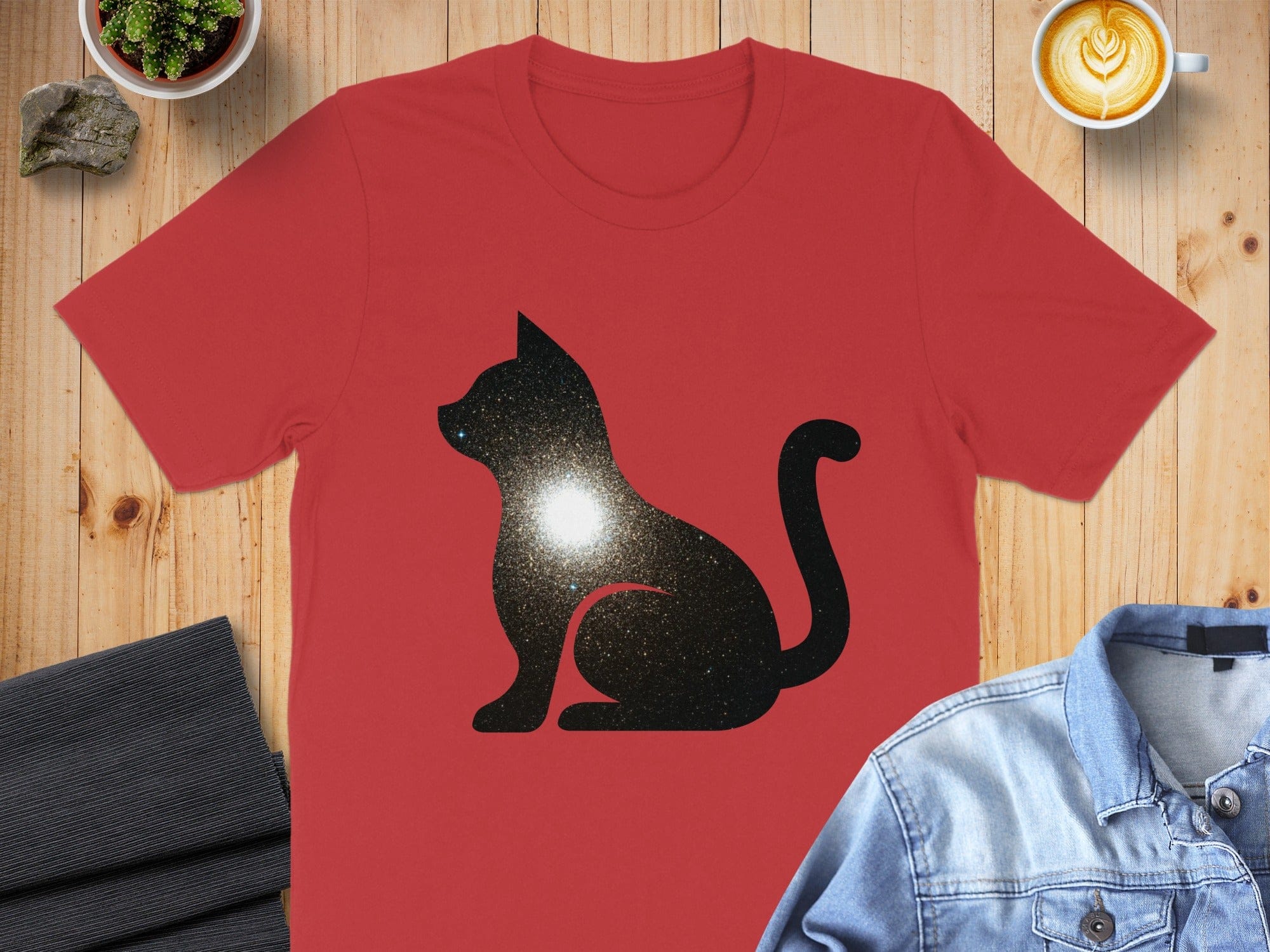 Shiny Black Cat Silhouette on Red T-shirt