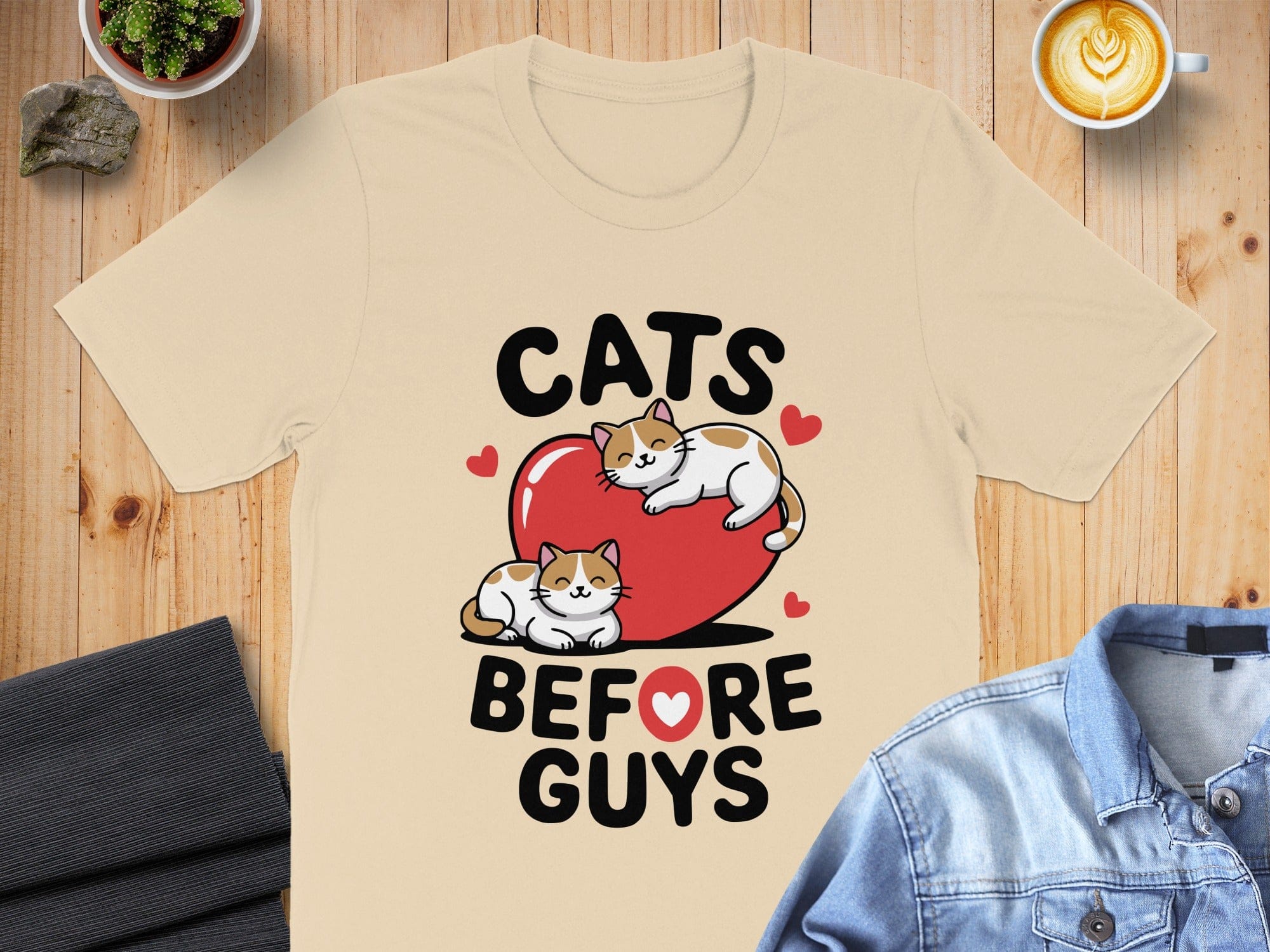 Cats Before Guys Heart Print T-shirt