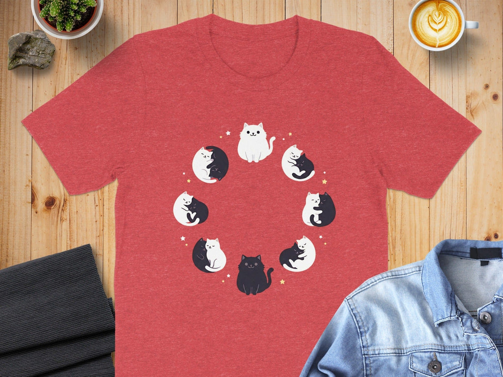 Cute Circular Cat Designs Graphic on Red T-Shirt