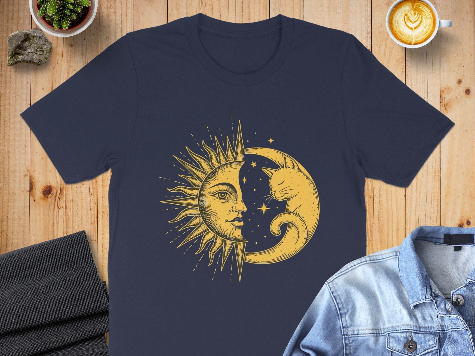 Sun and Moon with Cat on T-Shirt Design