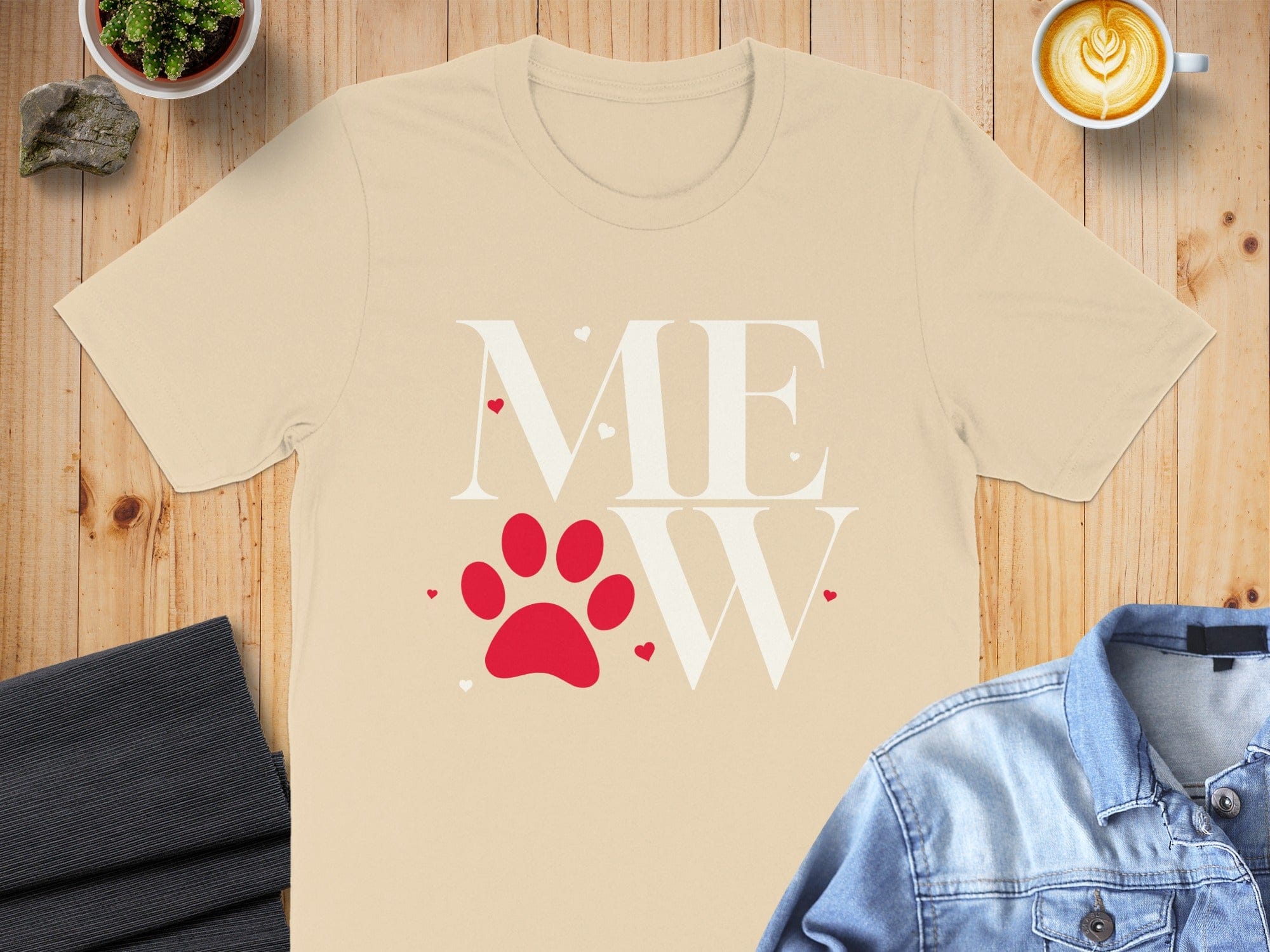 MEW T-shirt with Red Paw Print and Small Hearts Design