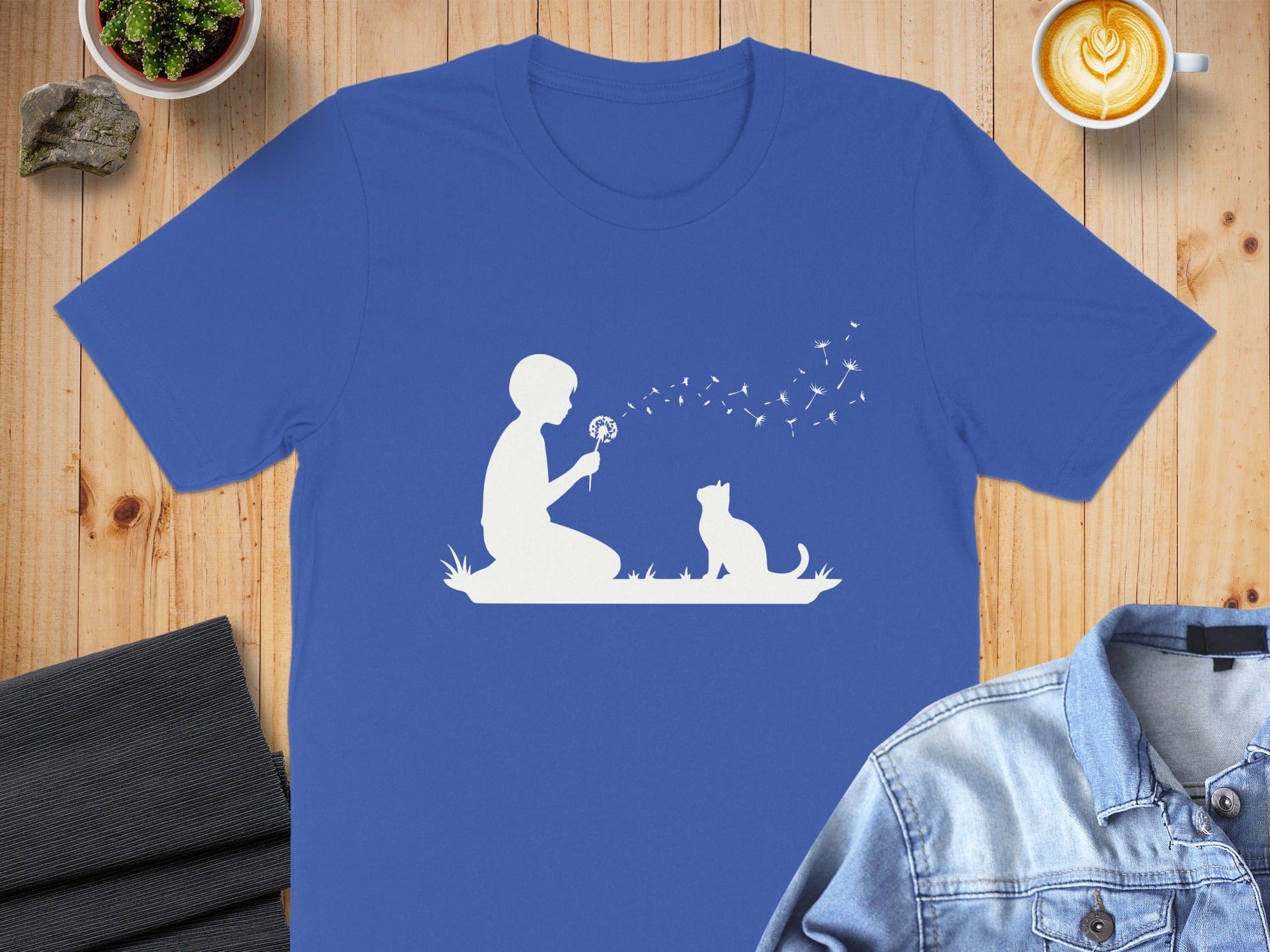 Boy Blowing Dandelion with Cat Graphic T-Shirt