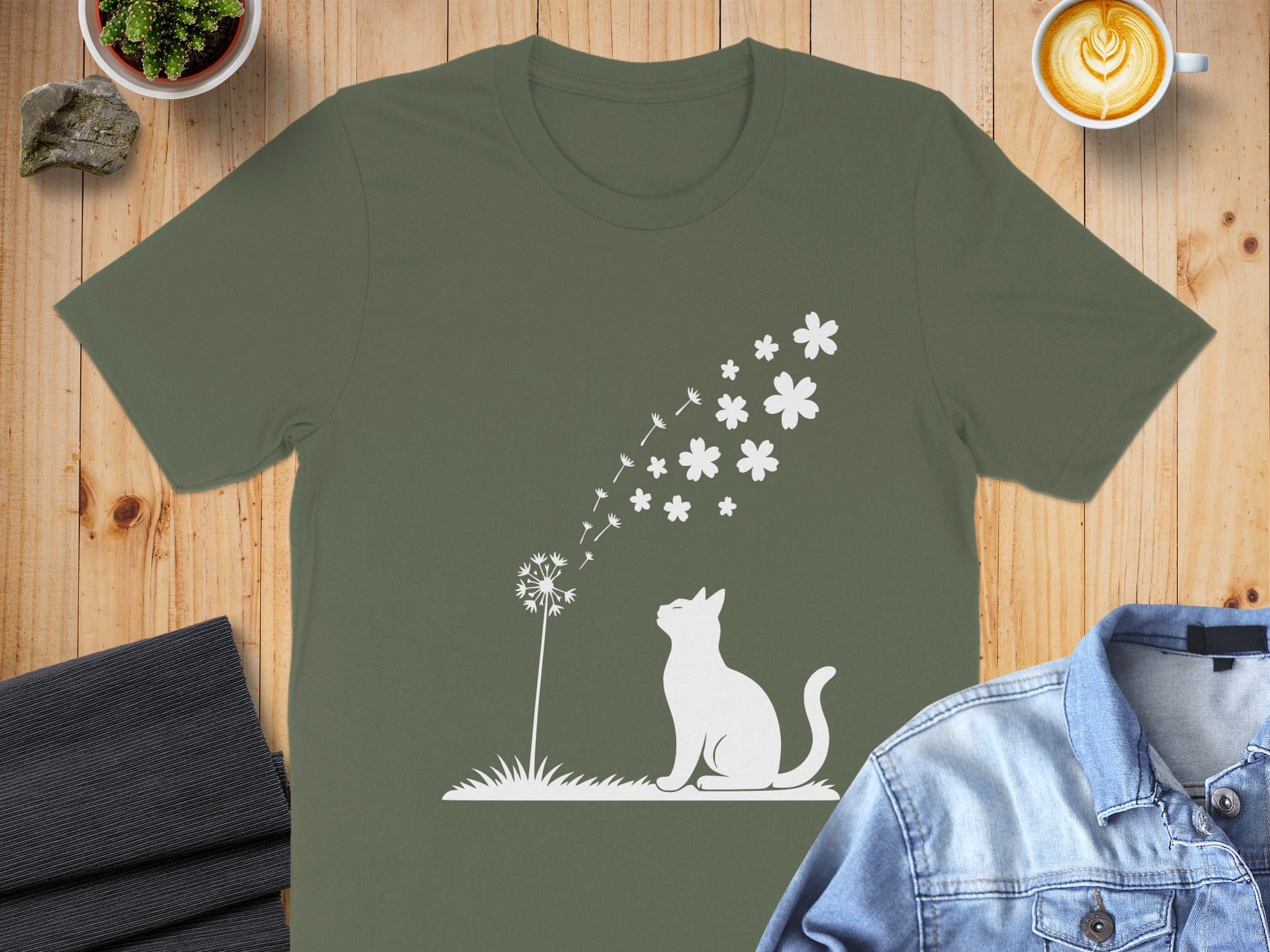Cat Blowing Dandelion Flowers Graphic T-shirt