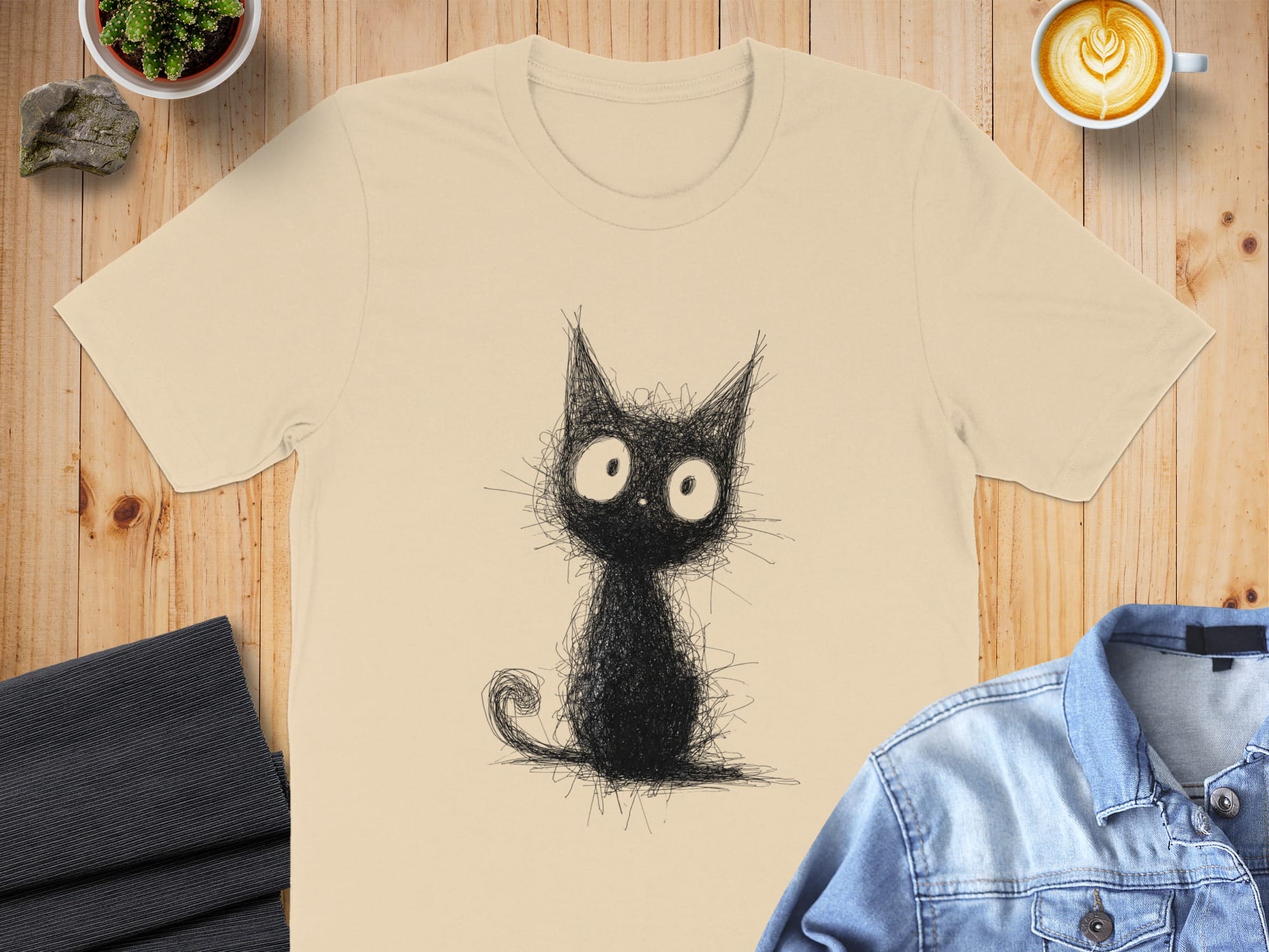 Cute Sketch Design of Black Cat T-Shirt