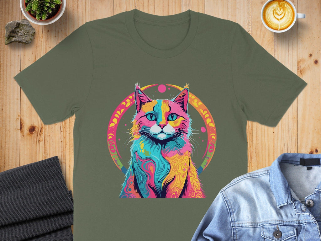 Colorful Artistic Cat Design T-shirt for Vibrant Style