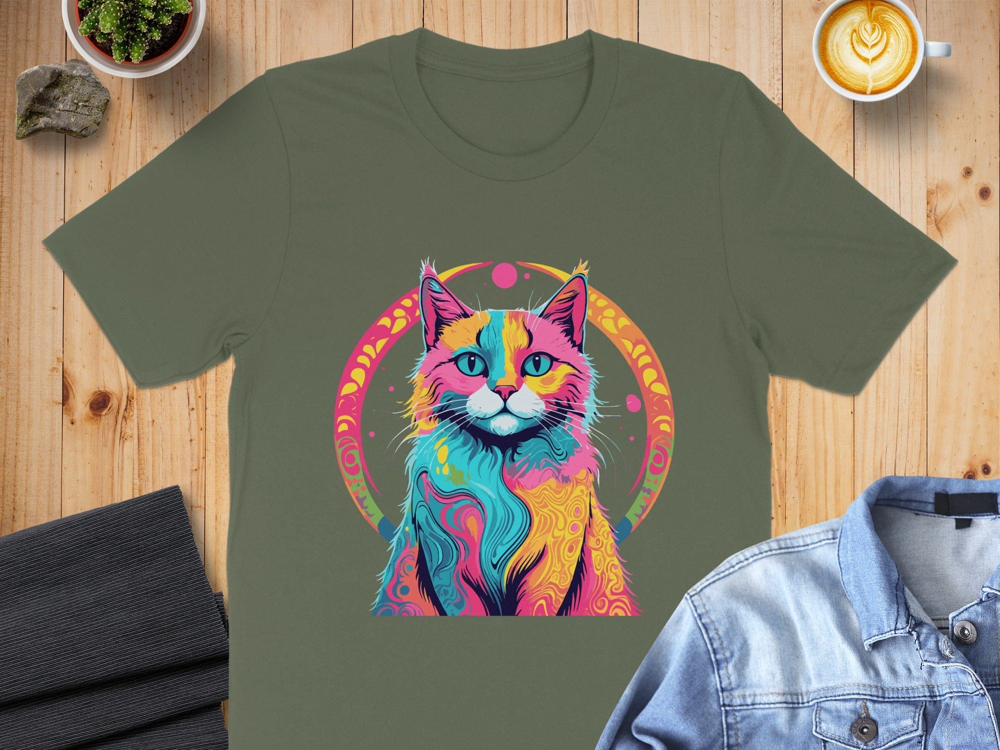 Colorful Artistic Cat Design T-shirt for Vibrant Style