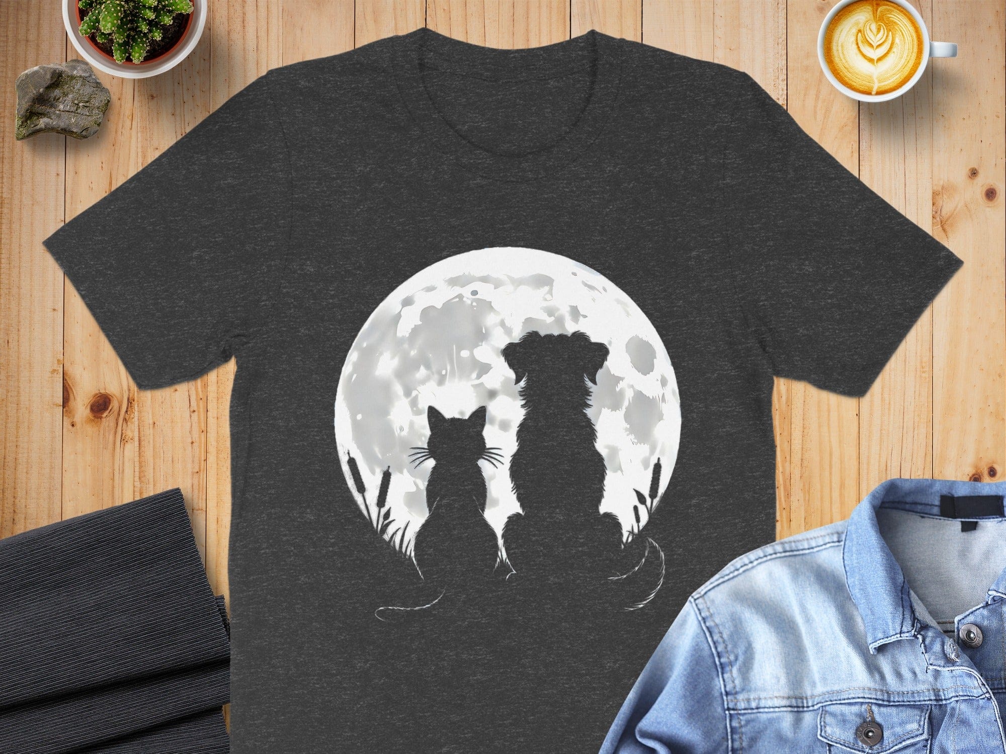 Cat and Dog Silhouette in Moonlight Graphic T-Shirt