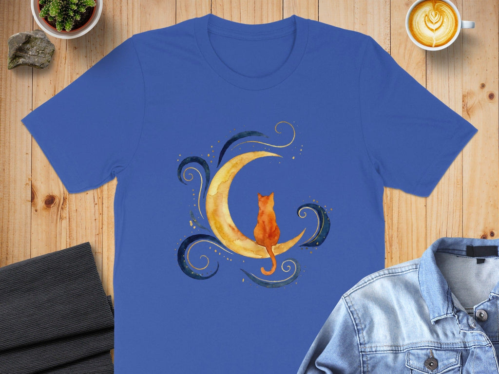 Artistic Cat Sitting on Crescent Moon Design Shirt