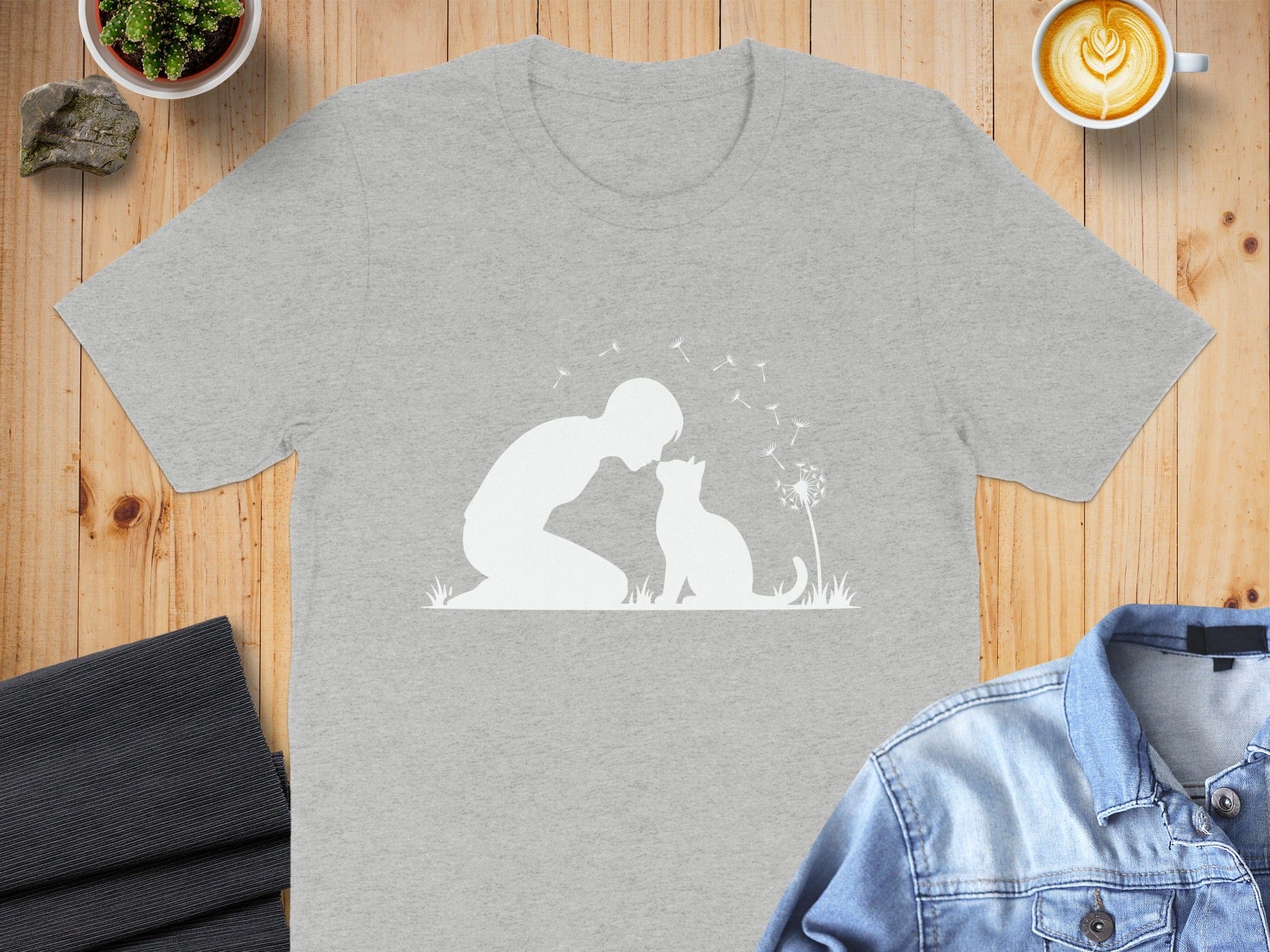 Silhouette of Man and Cat with Dandelions T-shirt